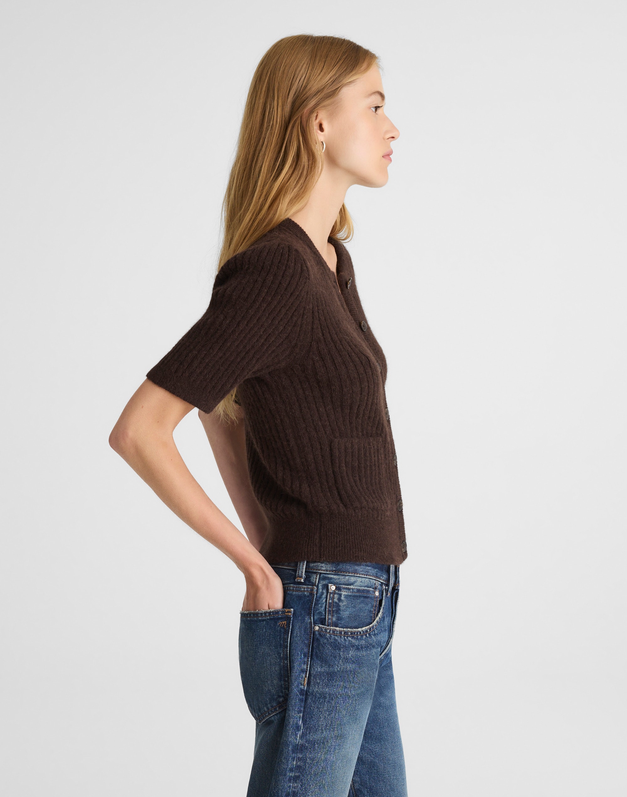 Patch-Pocket Puff-Sleeve Cardigan