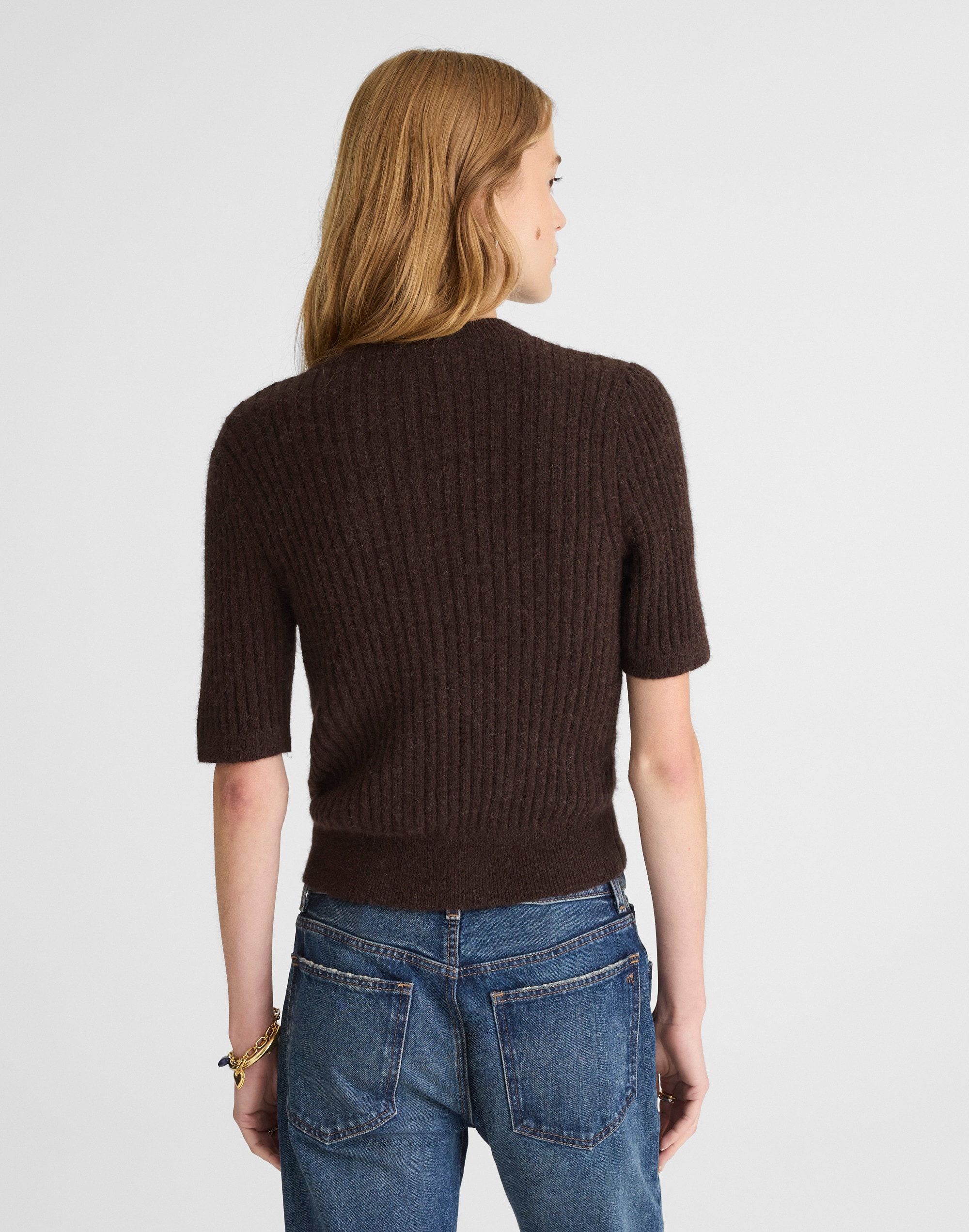 Patch-Pocket Puff-Sleeve Cardigan