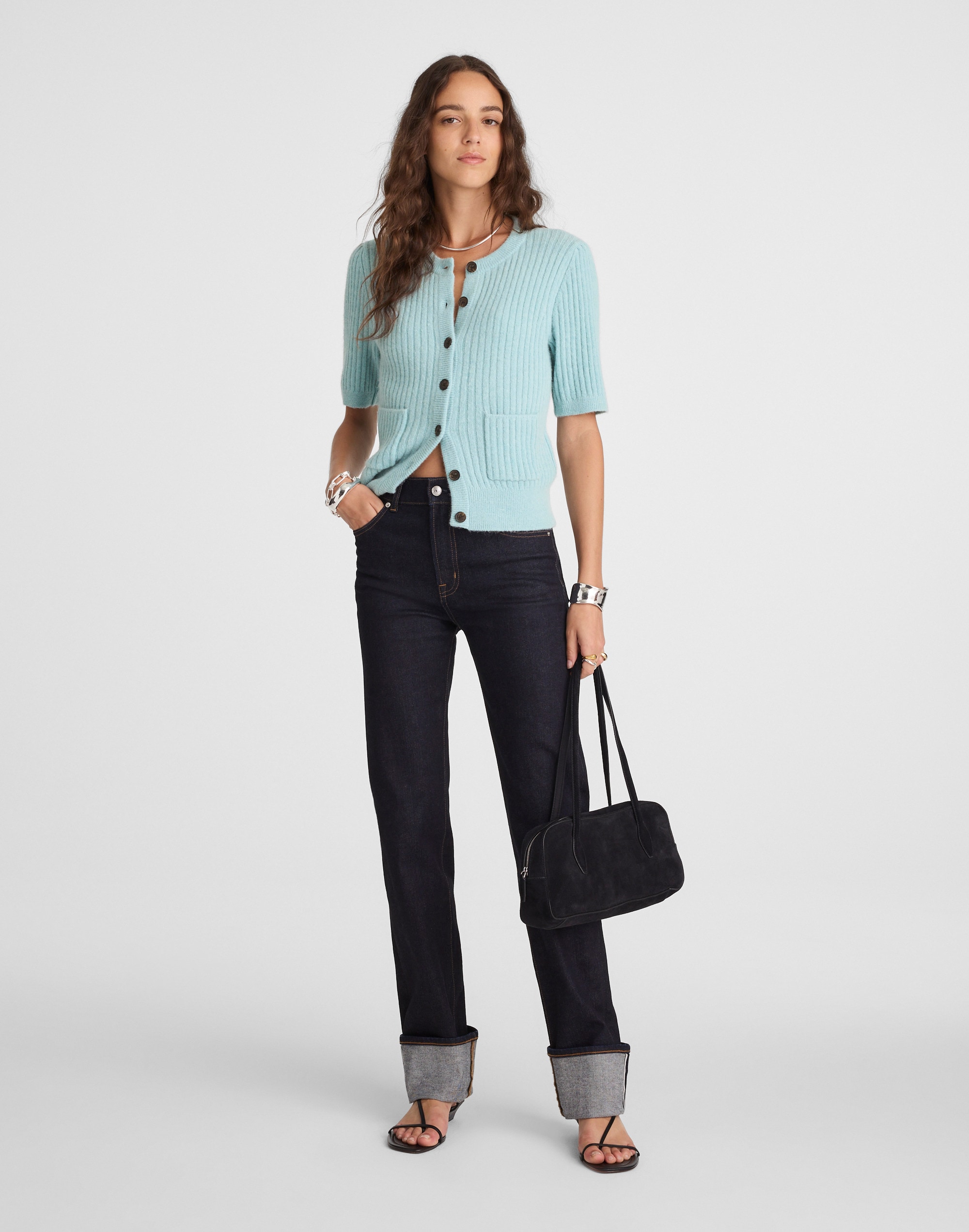 Patch-Pocket Puff-Sleeve Cardigan