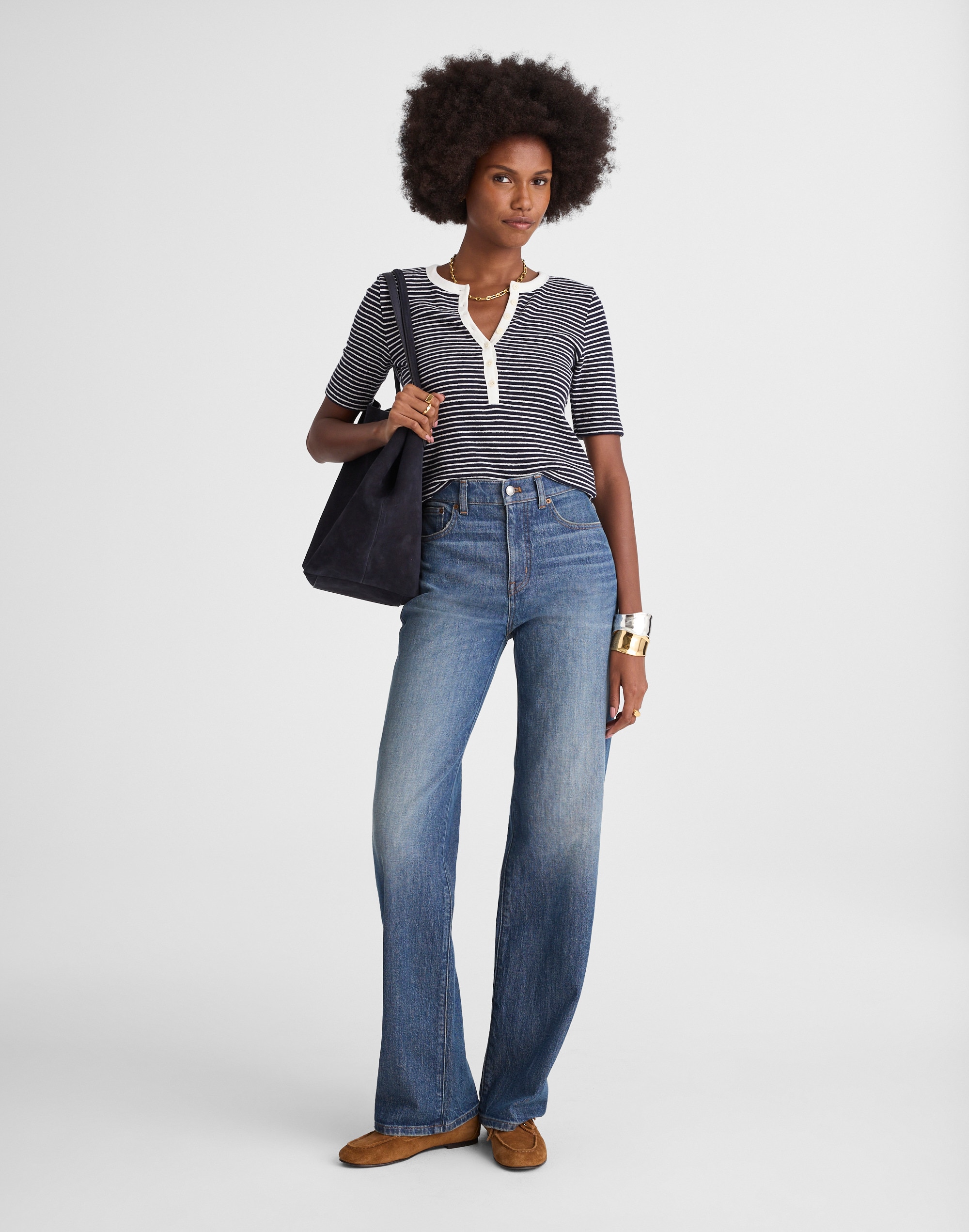 Striped Elbow-Sleeve Henley Tee | Madewell