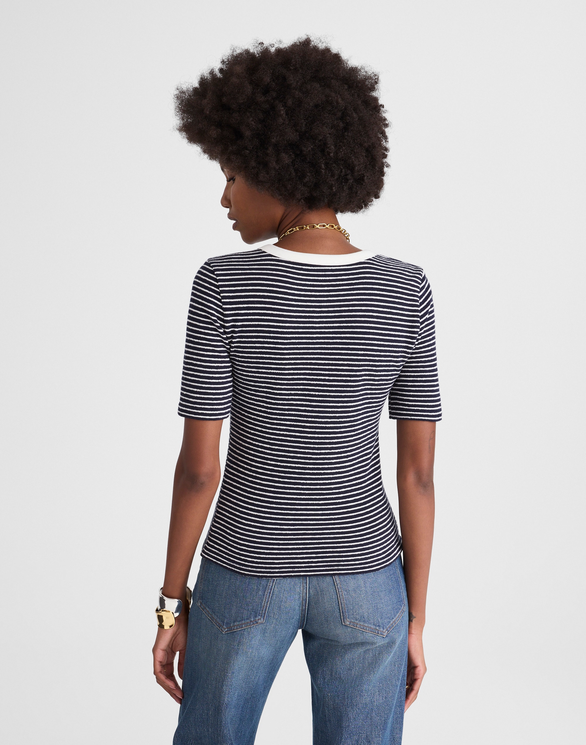 Striped Elbow-Sleeve Henley Tee
