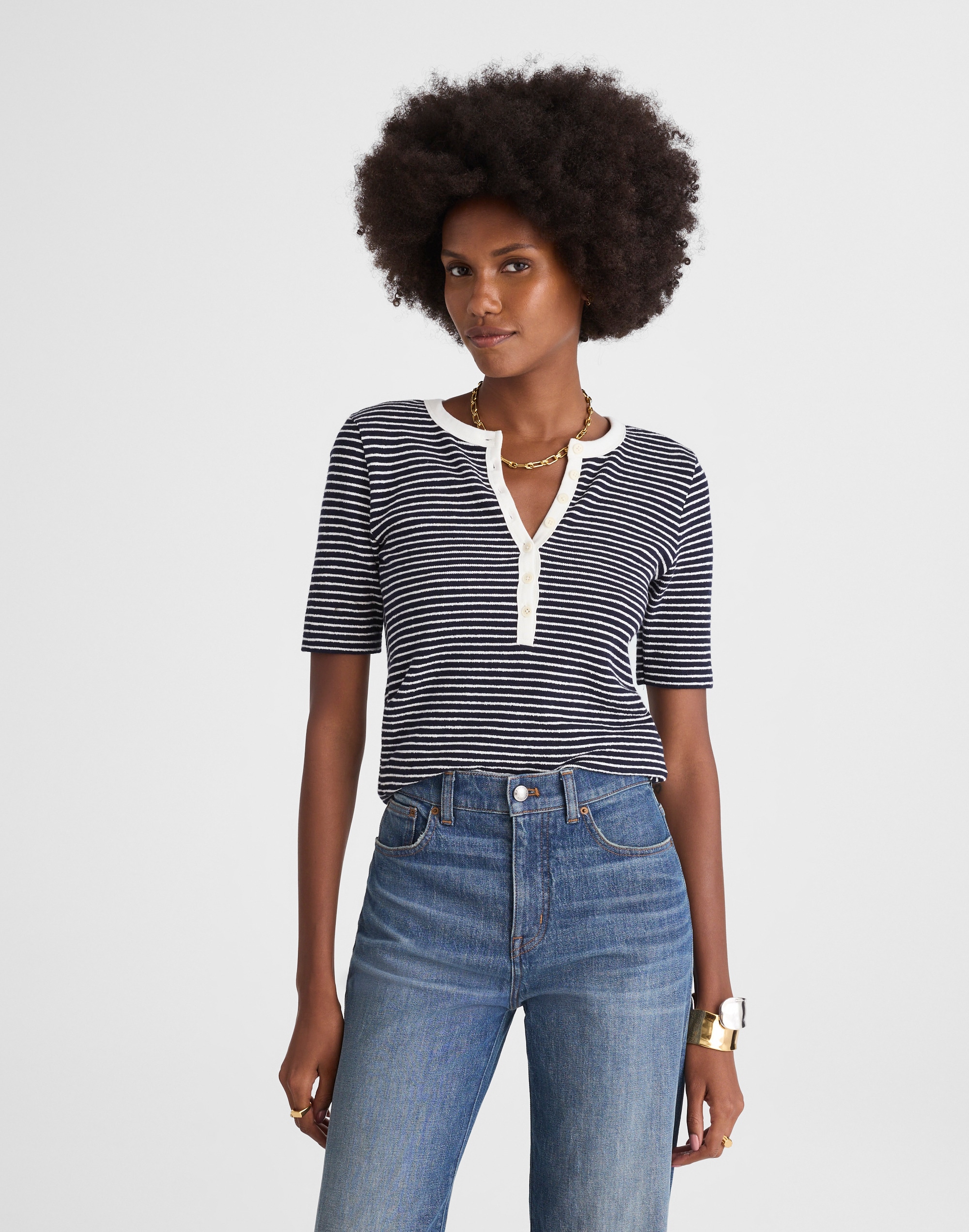 Striped Elbow-Sleeve Henley Tee