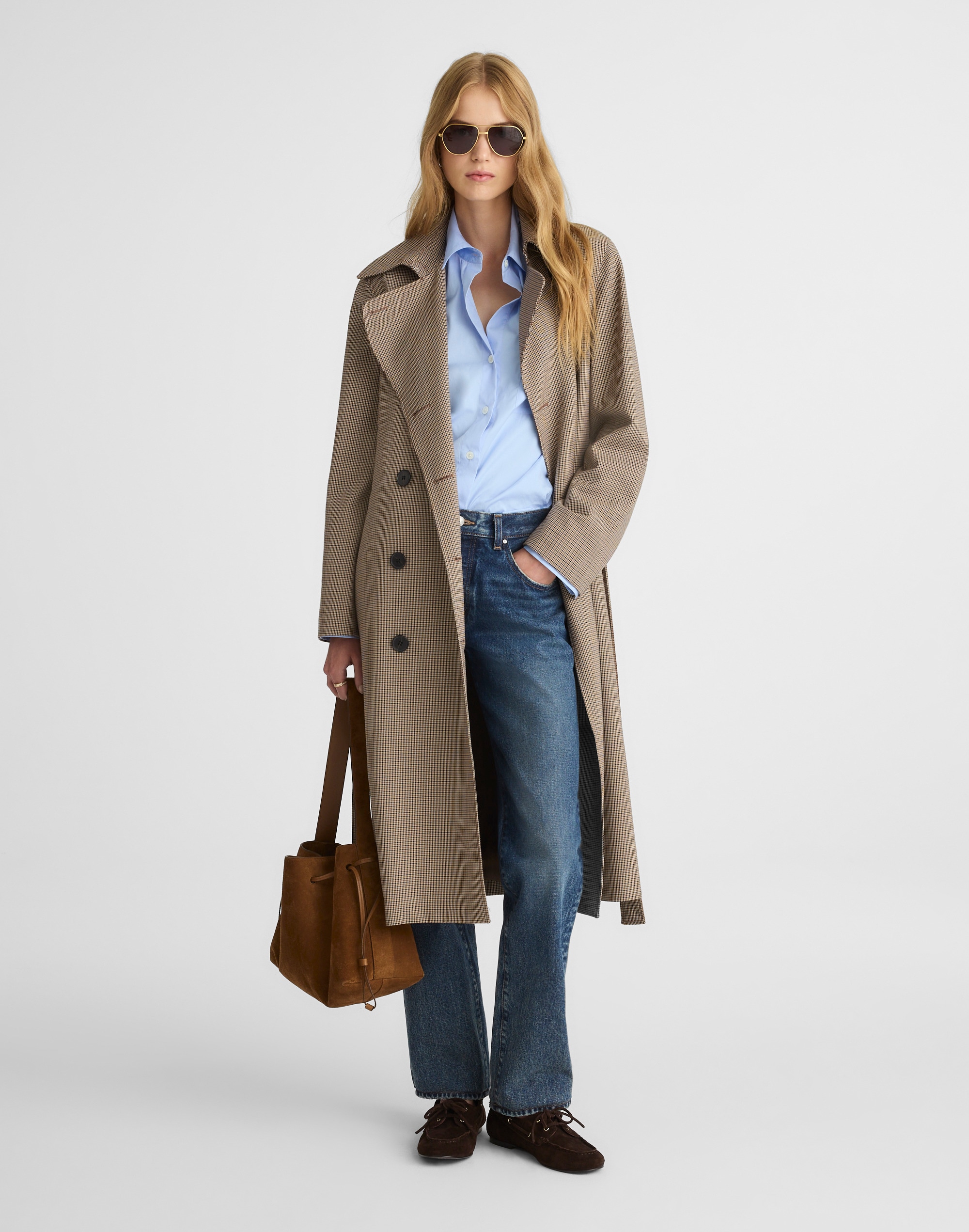 double-breasted trench coat in plaid