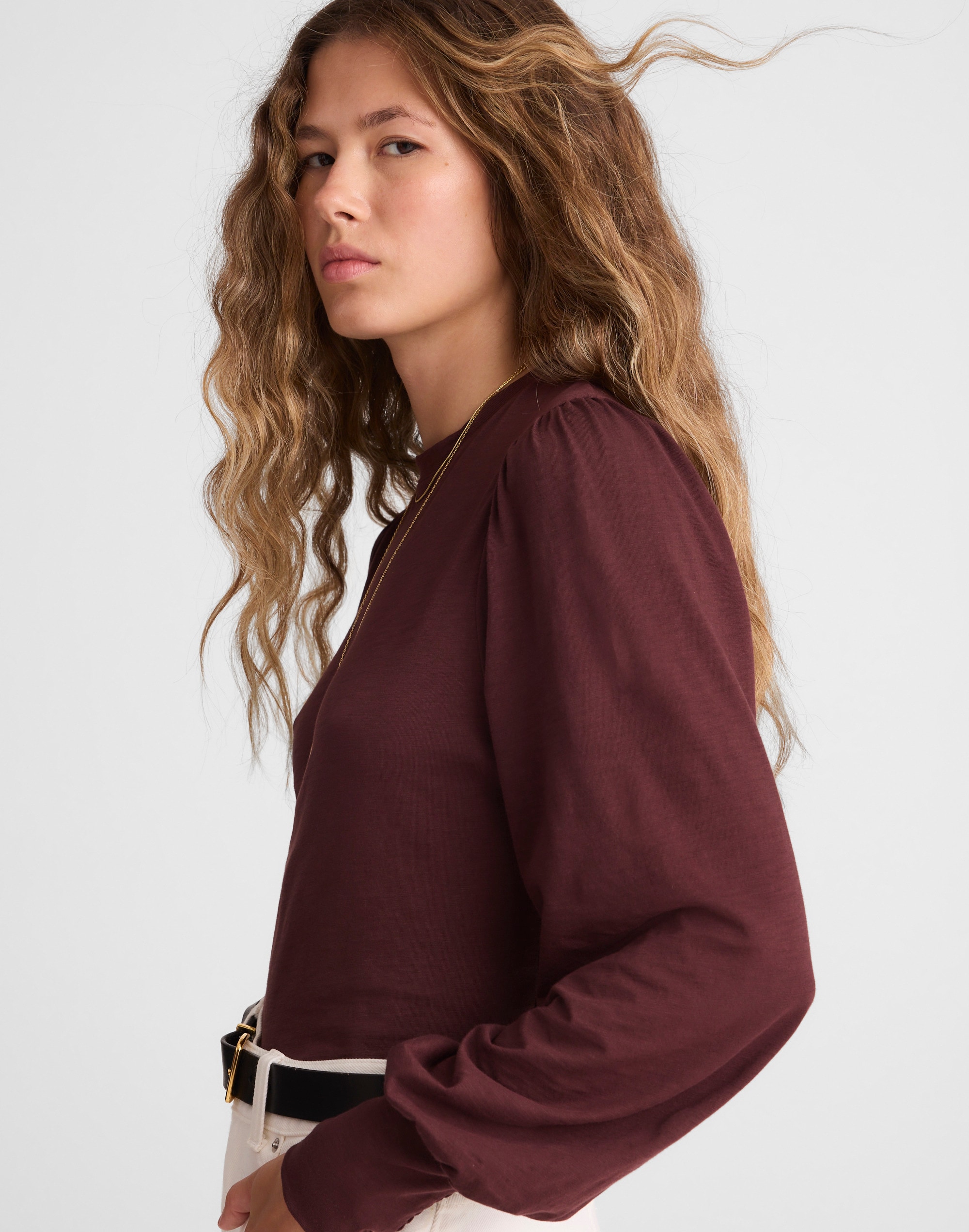 Smocked Long-Sleeve Top in Soft Slub