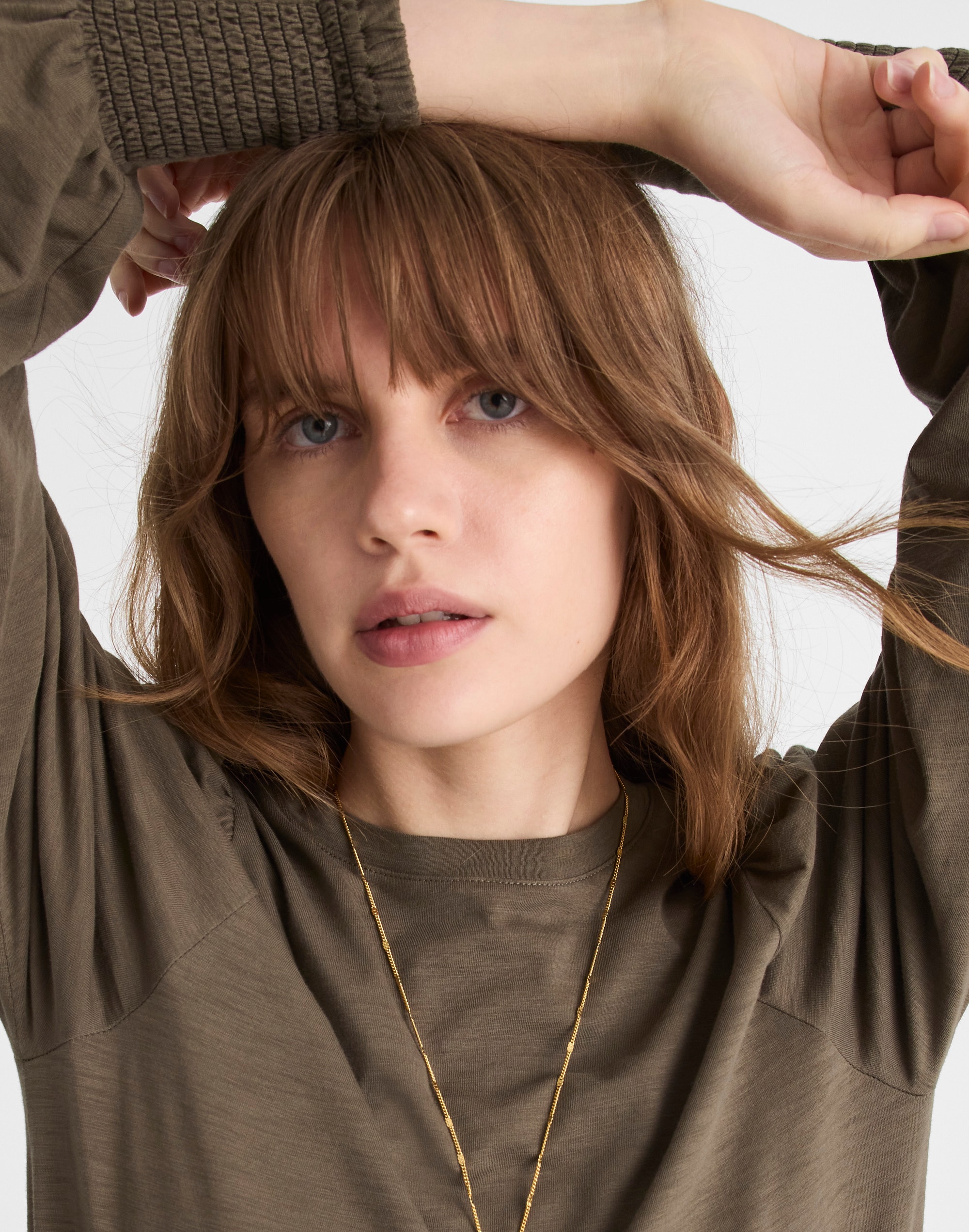 Smocked Long-Sleeve Top in Soft Slub