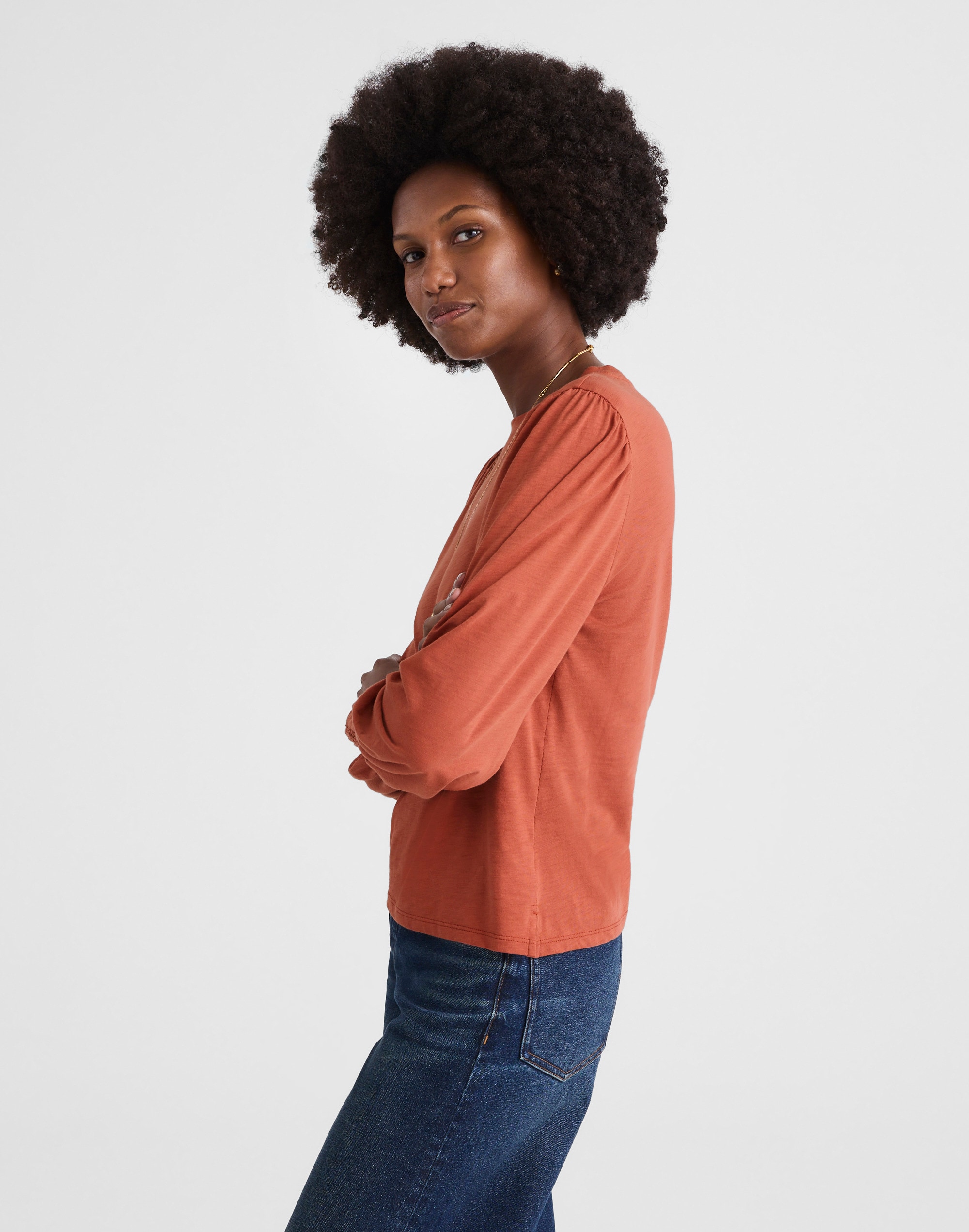 Smocked Long-Sleeve Top in Soft Slub