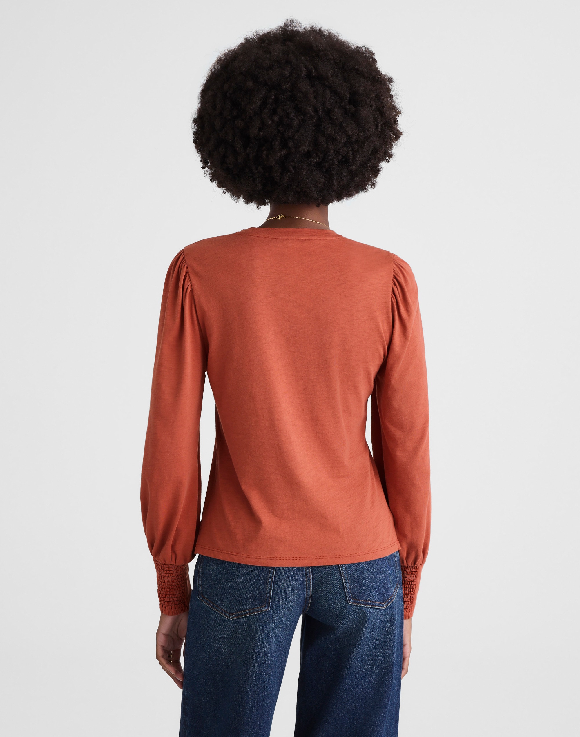 Smocked Long-Sleeve Top in Soft Slub