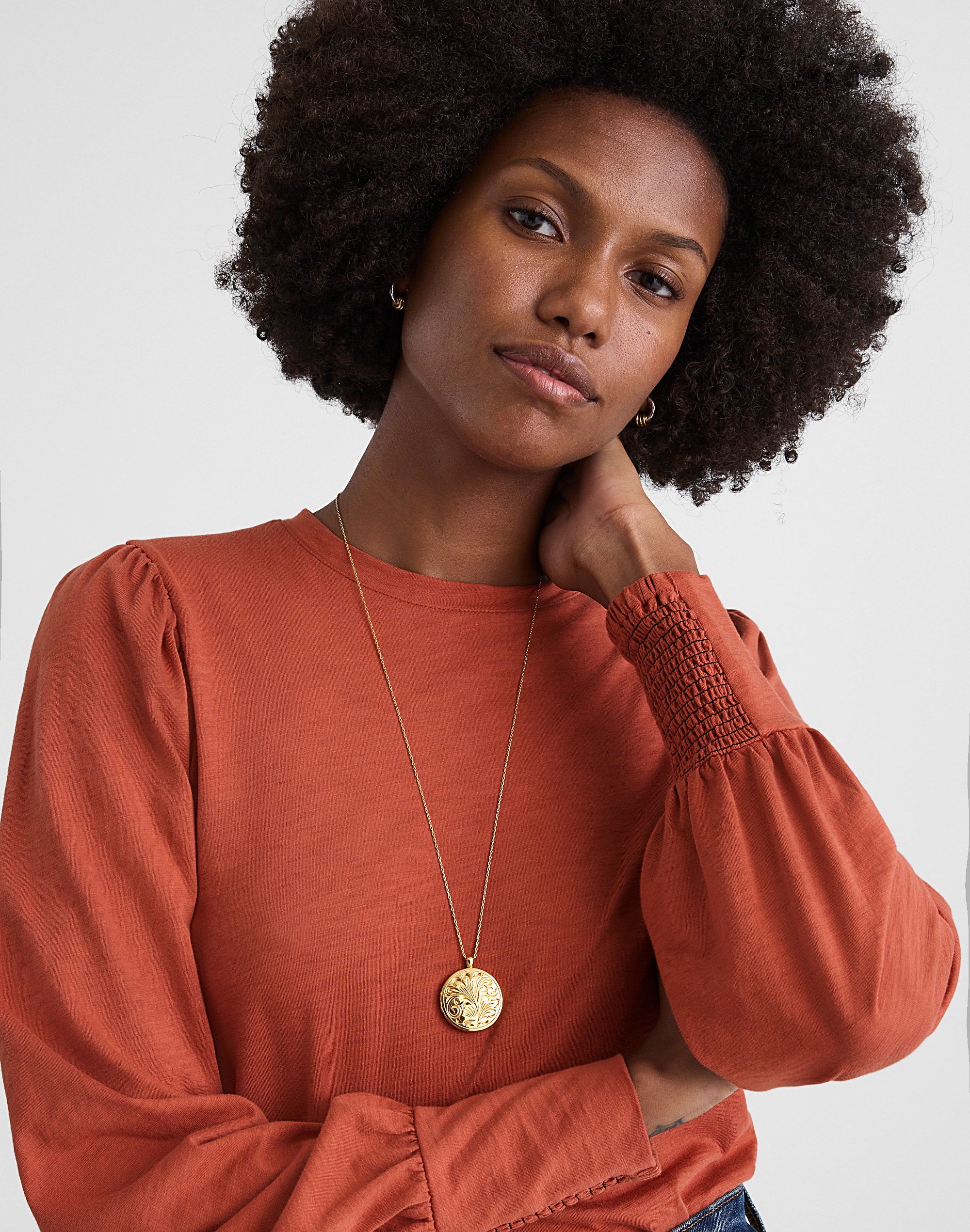 Smocked Long-Sleeve Top in Soft Slub