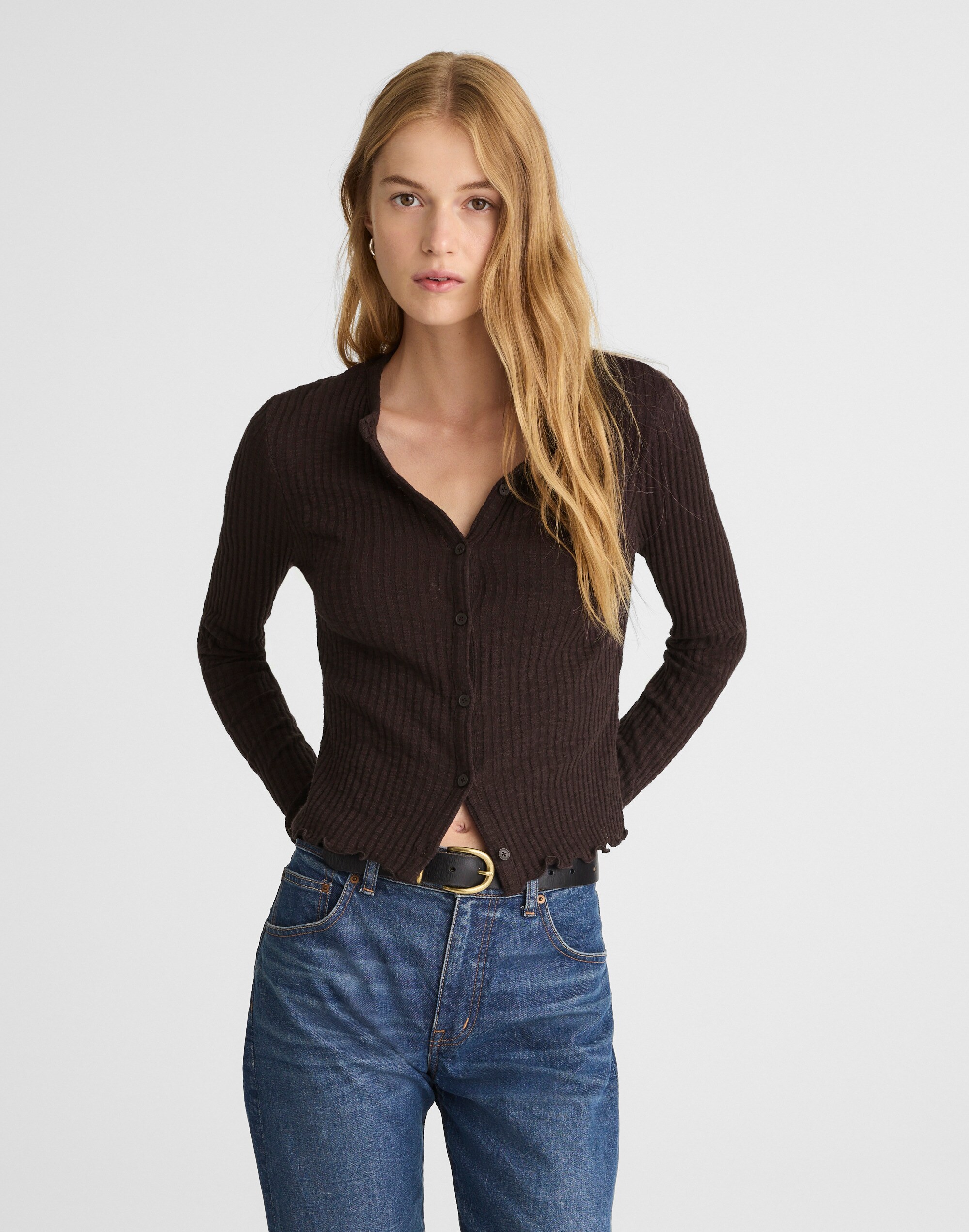 Lettuce-Hem Ribbed Cardigan