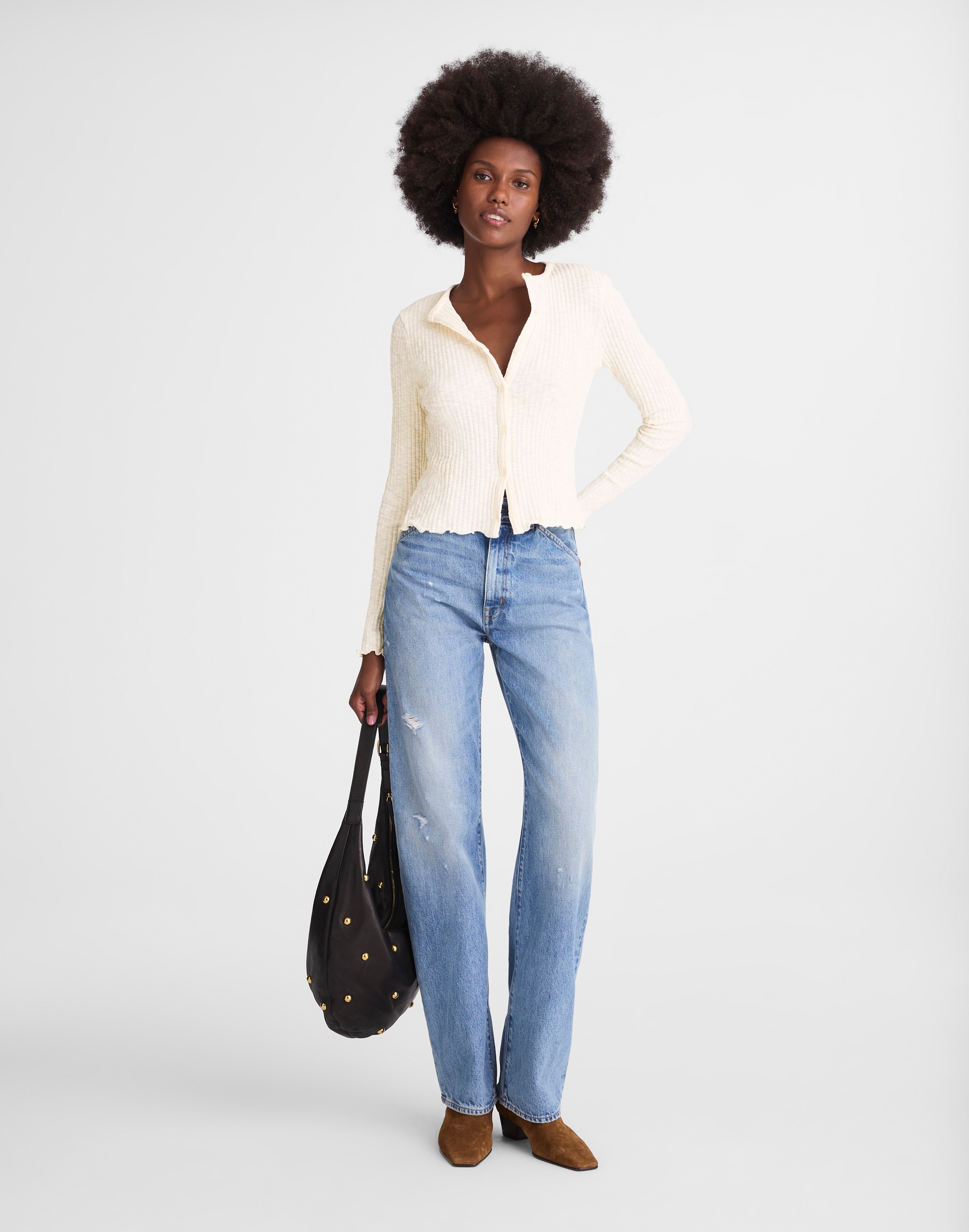 Lettuce-Hem Ribbed Cardigan