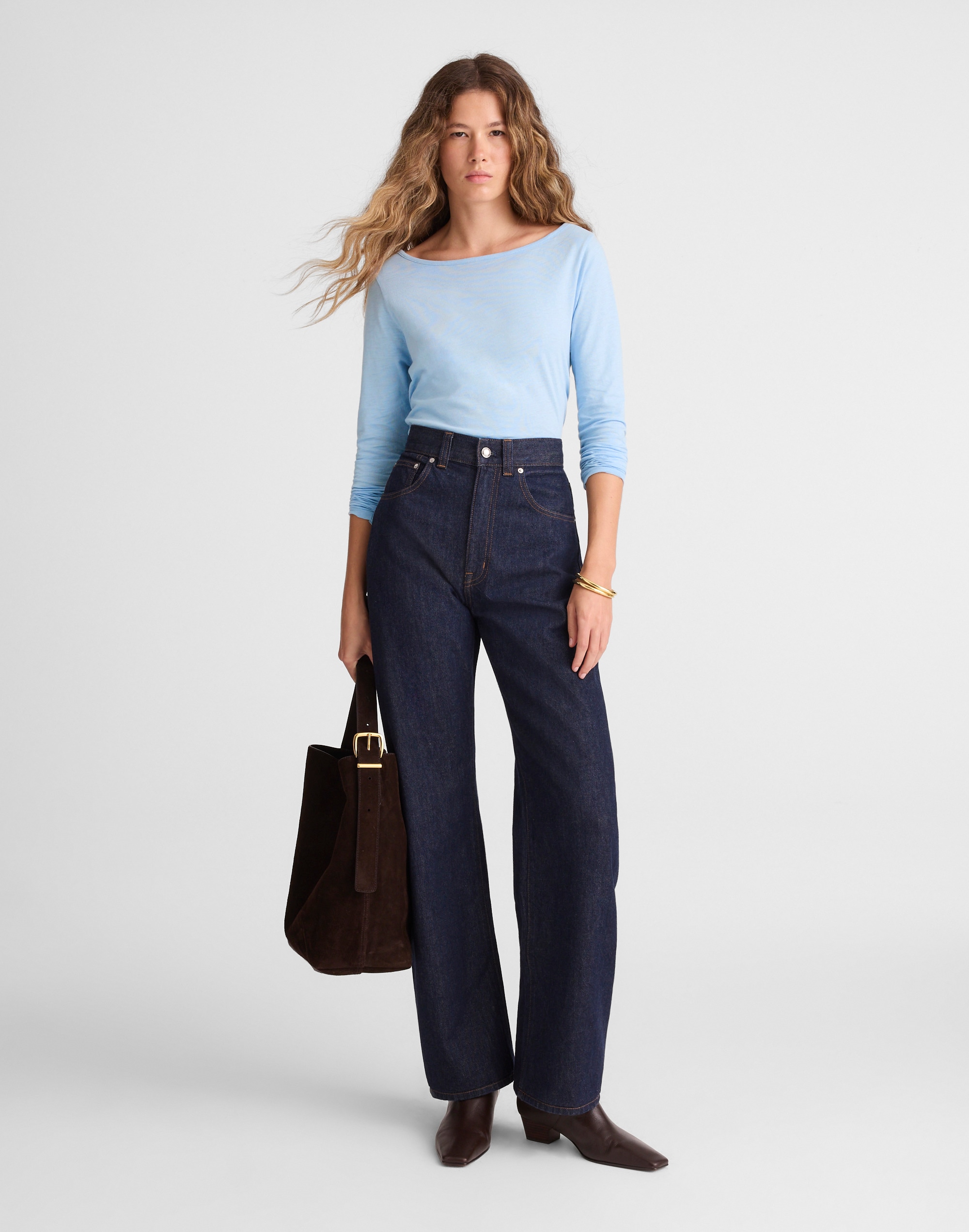 Ruched Crewneck Long-Sleeve Tee in Soft Slub