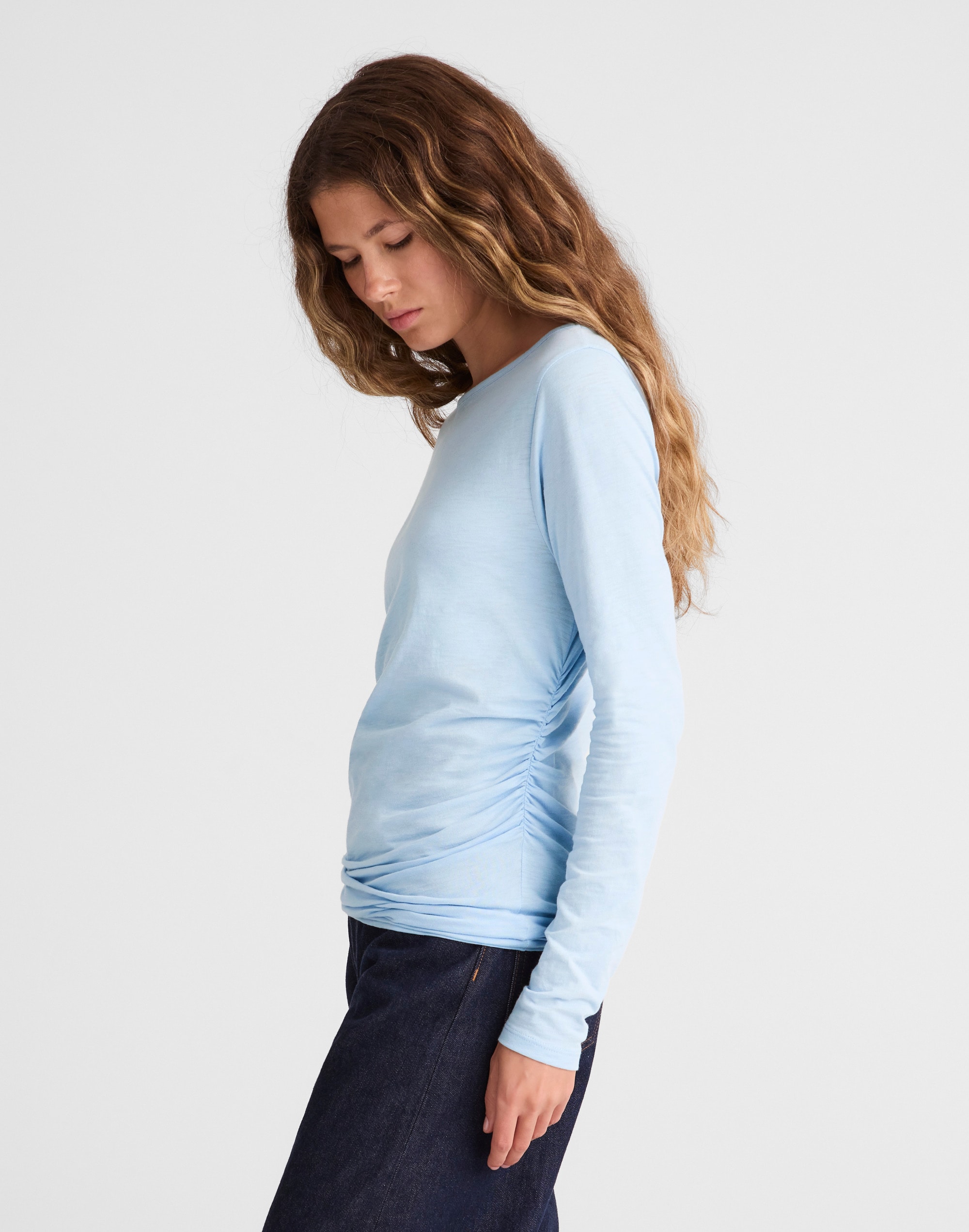 Ruched Crewneck Long-Sleeve Tee in Soft Slub