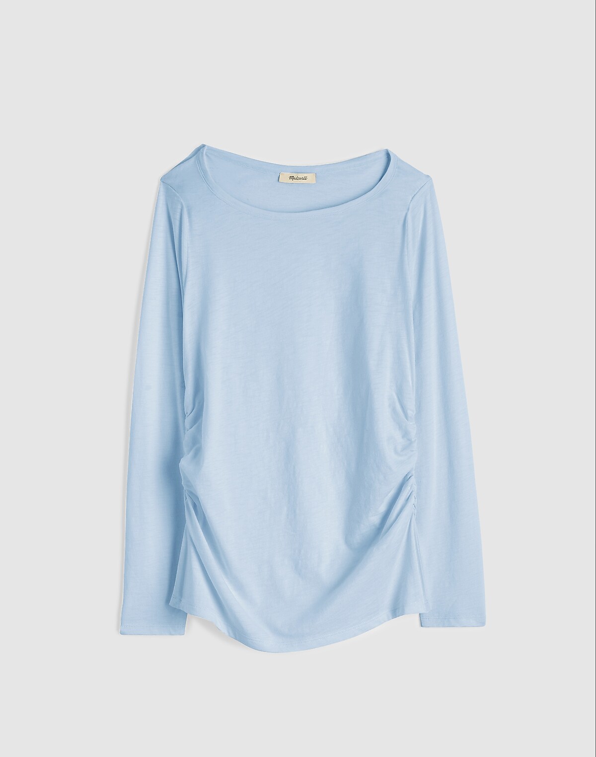 Ruched Crewneck Long-Sleeve Tee in Soft Slub