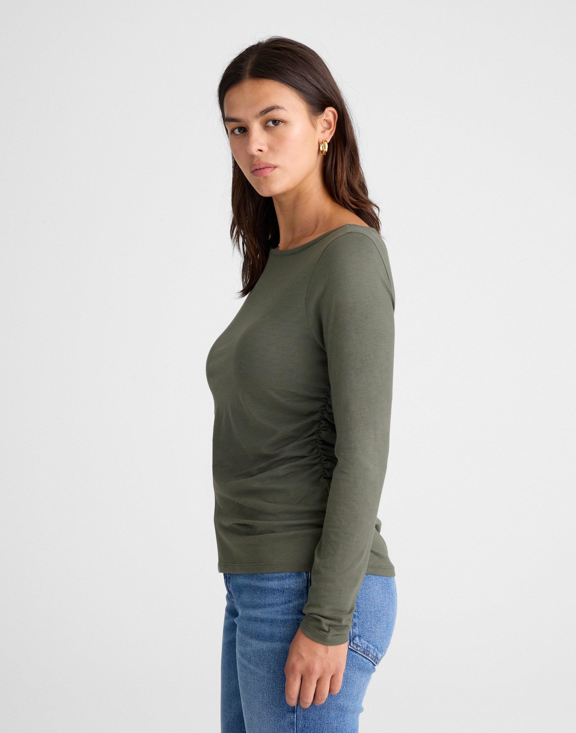 Ruched Crewneck Long-Sleeve Tee in Soft Slub