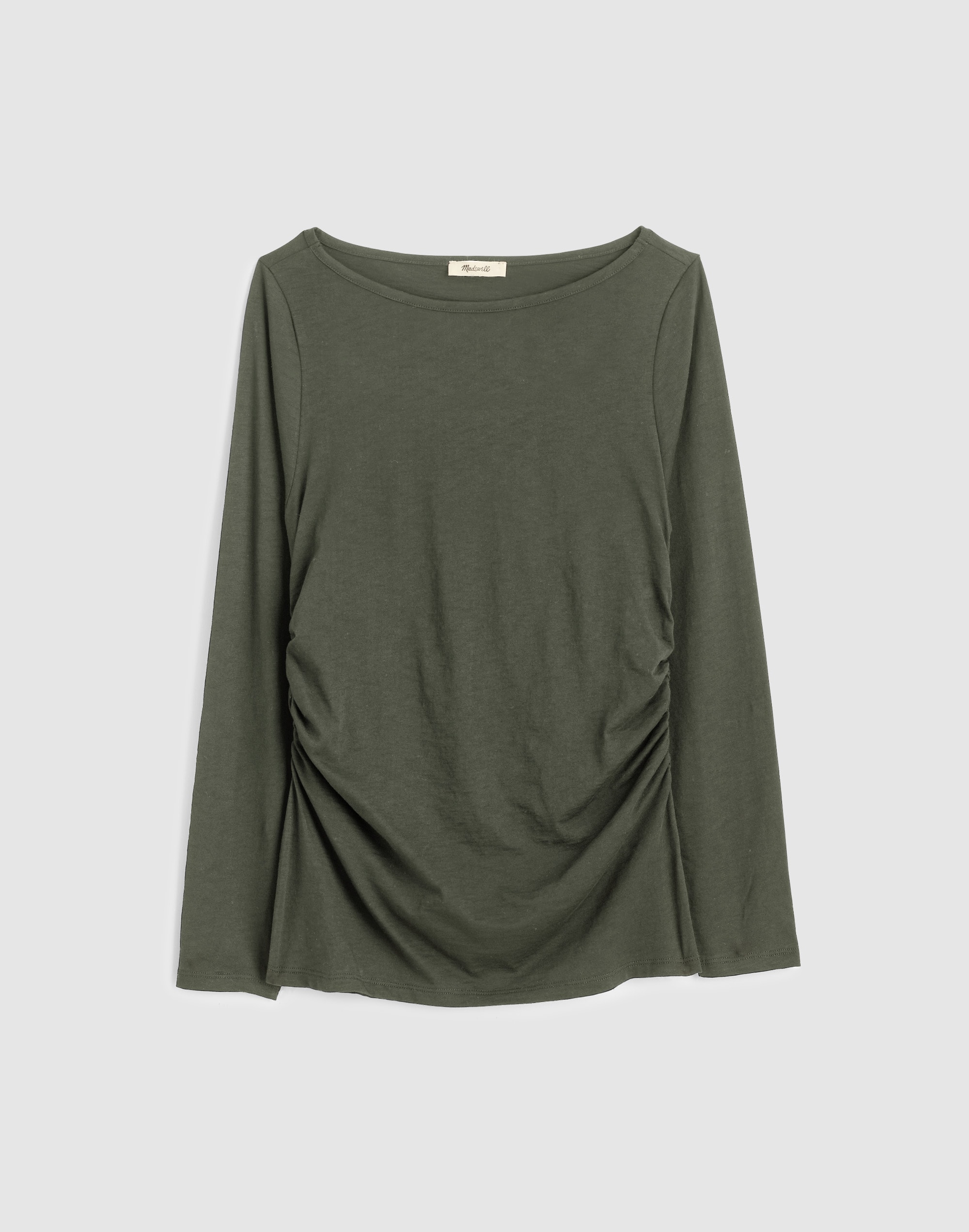 Ruched Crewneck Long-Sleeve Tee in Soft Slub