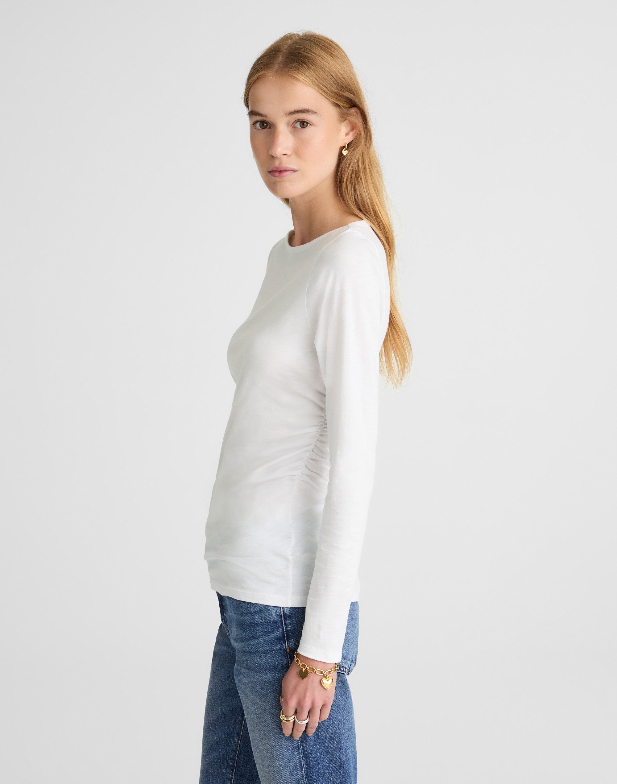 Ruched Crewneck Long-Sleeve Tee in Soft Slub