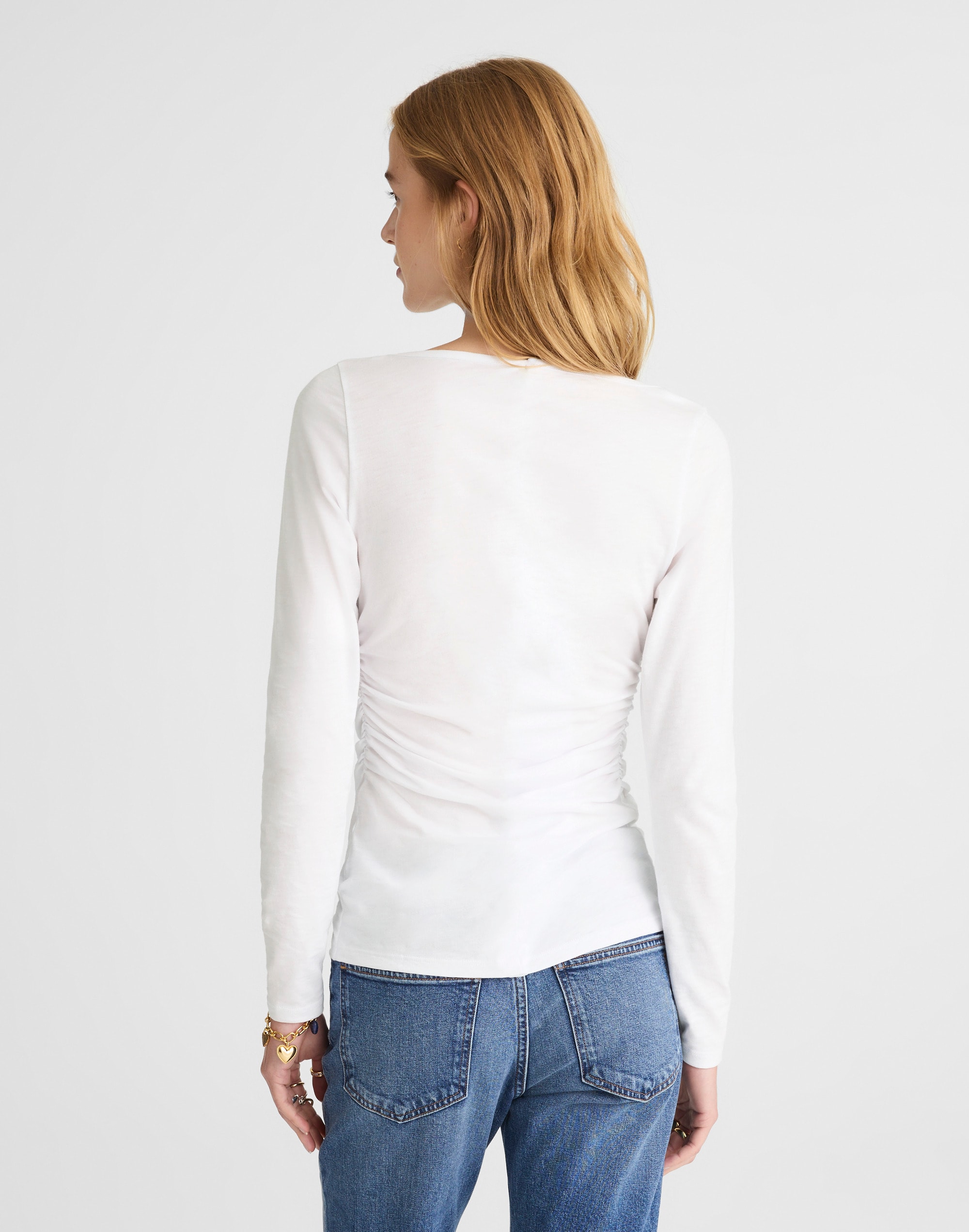 Ruched Crewneck Long-Sleeve Tee in Soft Slub