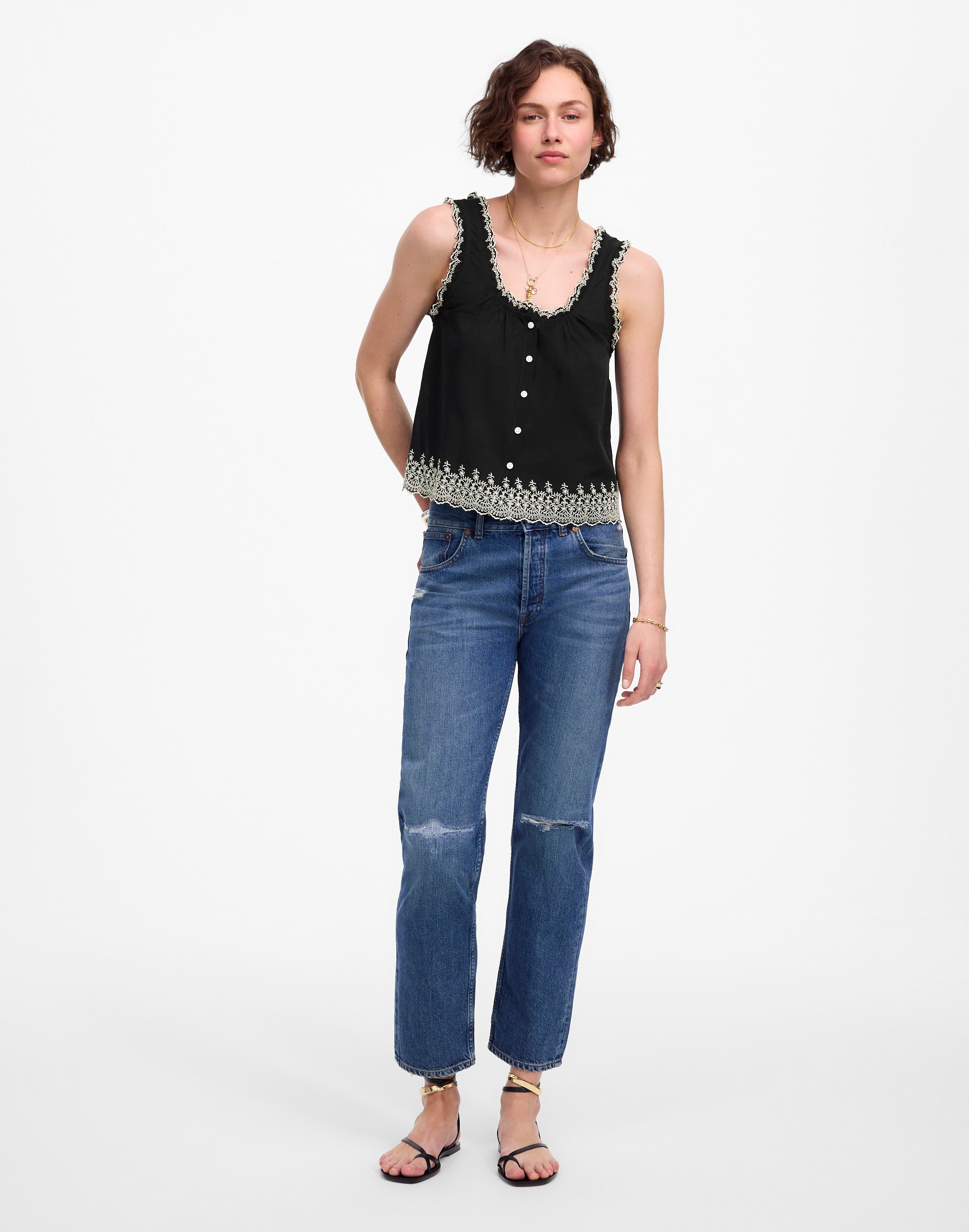 Embroidered Scalloped Tank