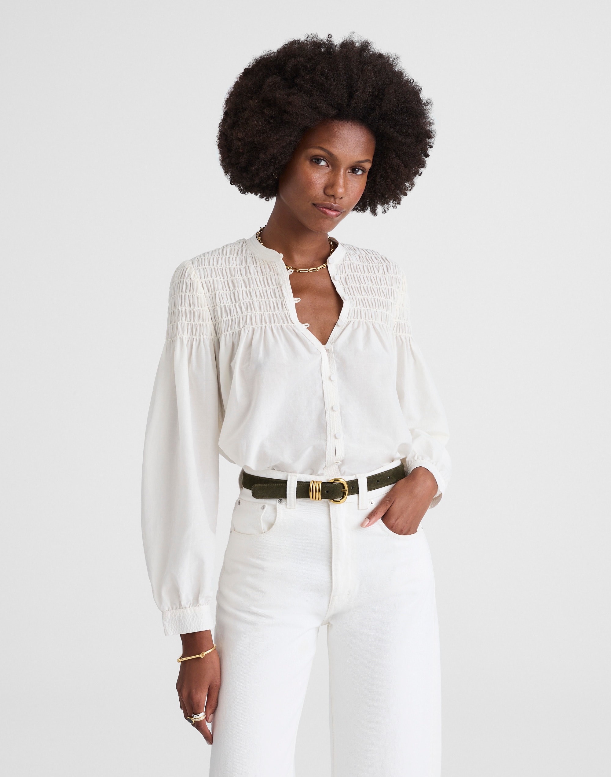 smocked top in cotton-silk blend