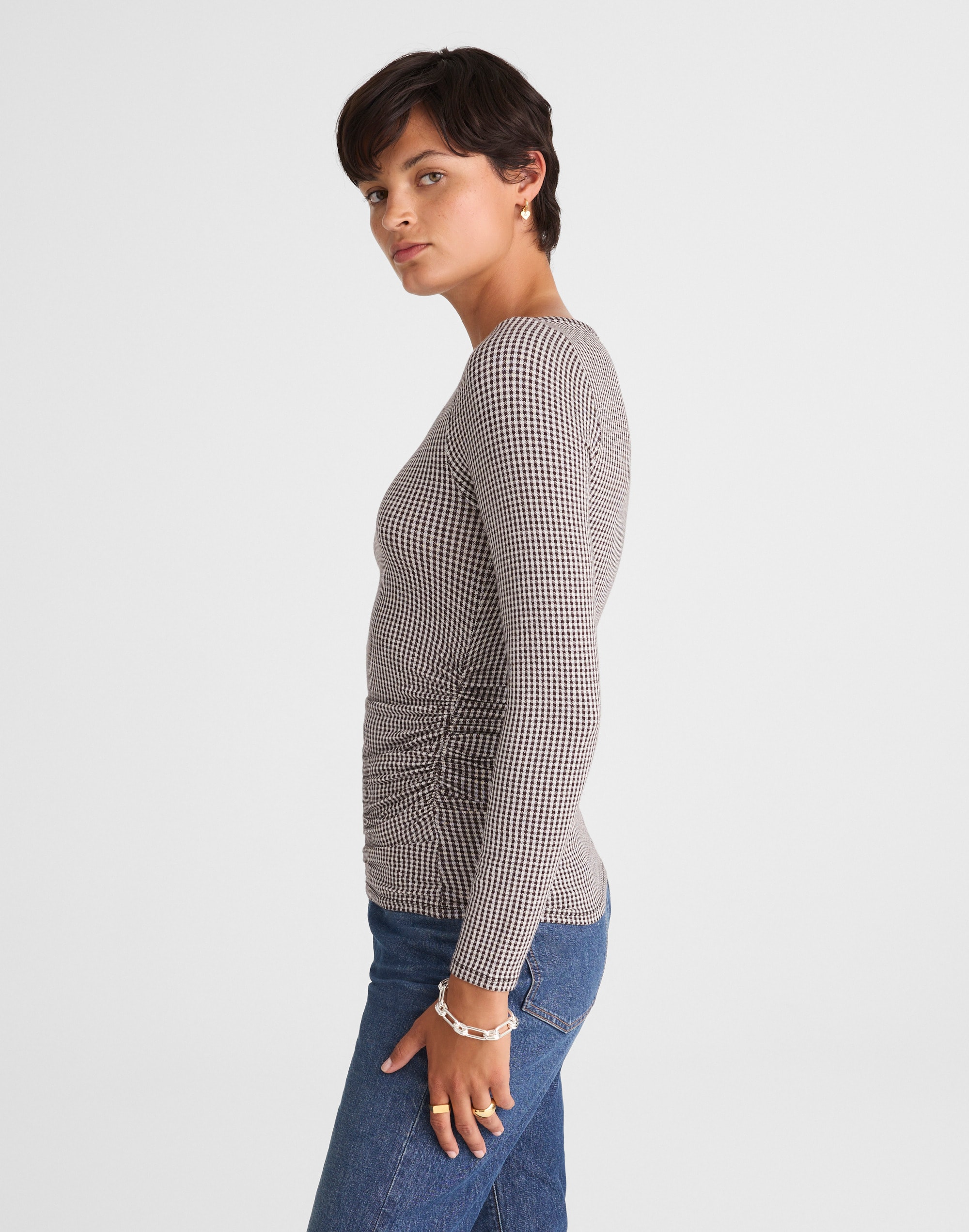 Ruched Crewneck Long-Sleeve Tee in Check Jacquard