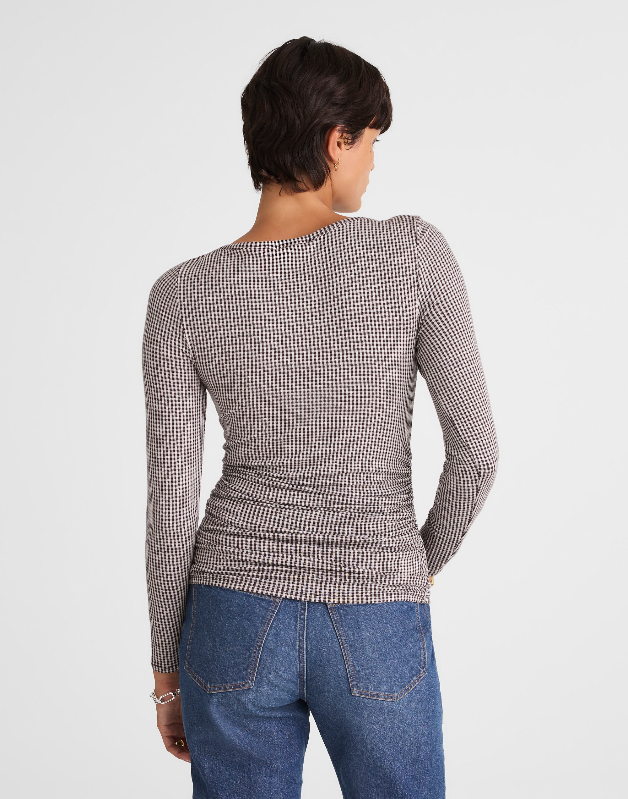 Ruched Crewneck Long-Sleeve Tee in Check Jacquard