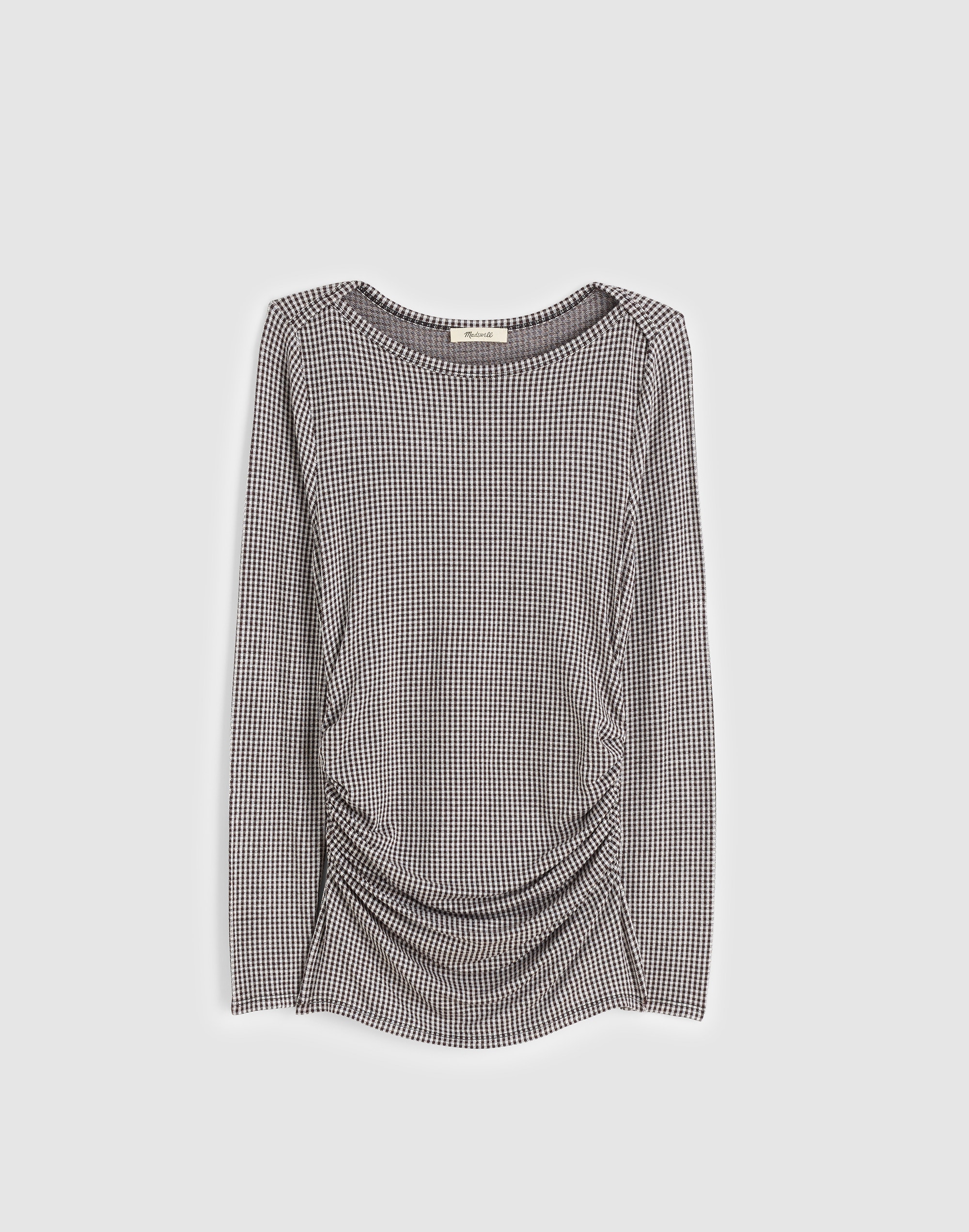 Ruched Crewneck Long-Sleeve Tee in Check Jacquard
