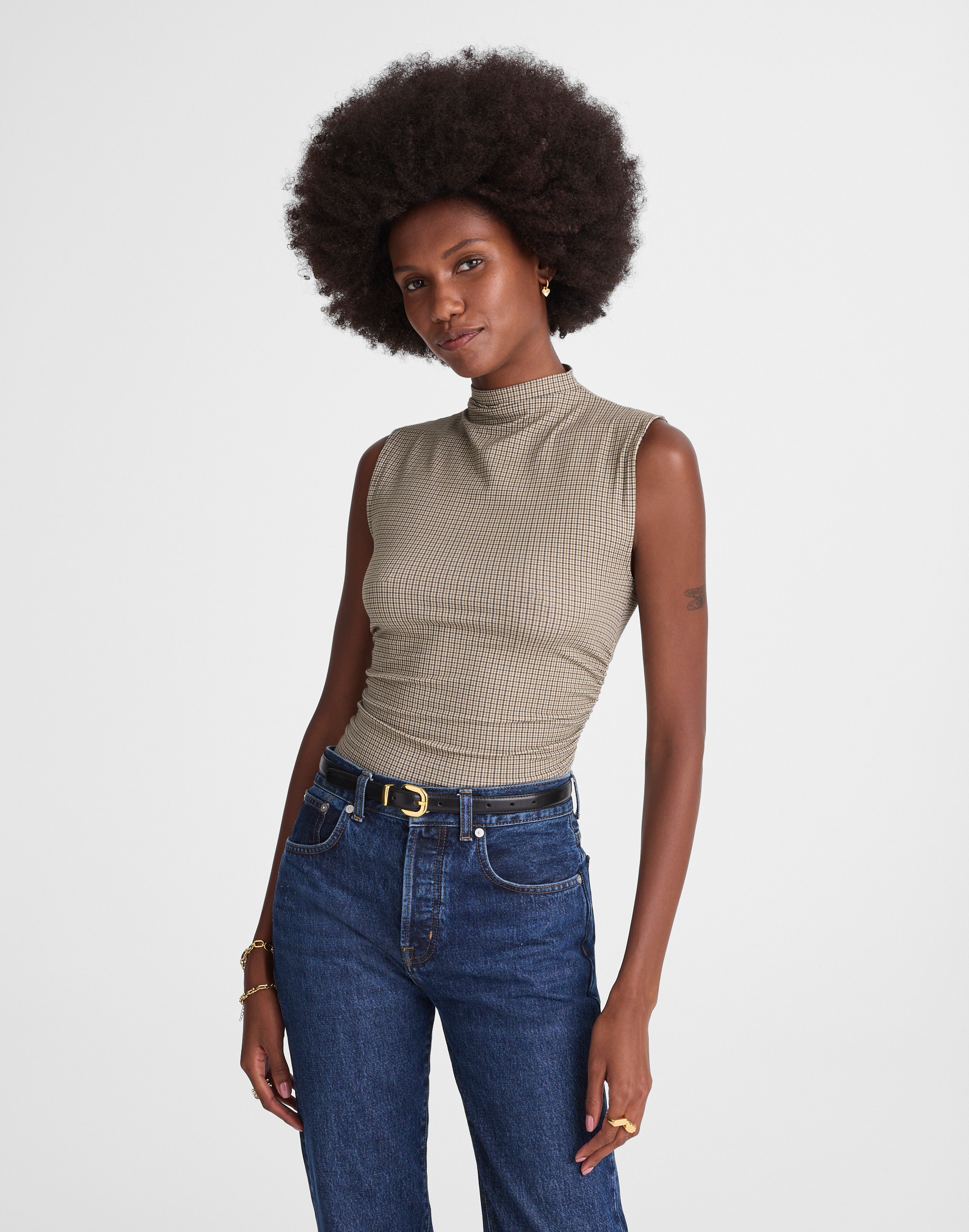 Ruched Mockneck Tank in Houndstooth