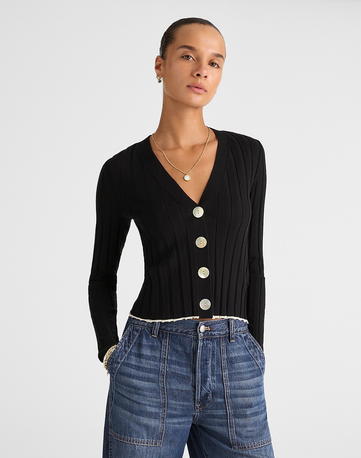 Tipped Ribbed V-Neck Cardigan