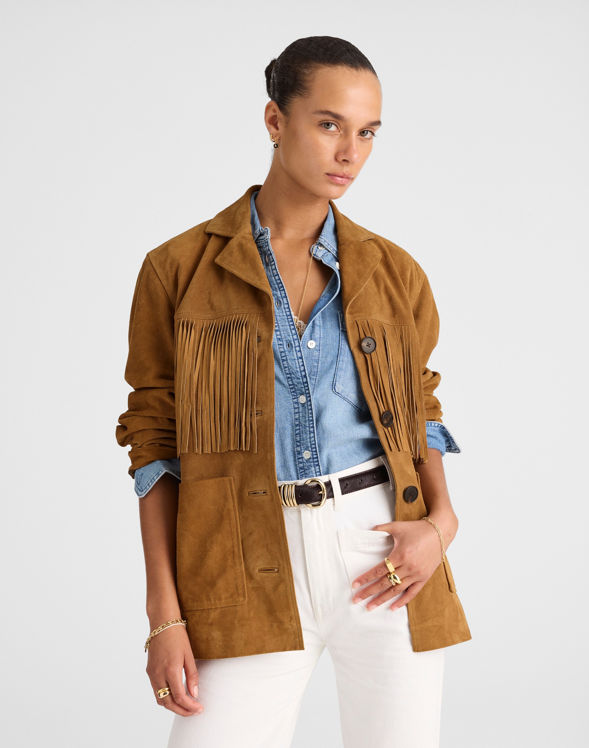 fringe shirt-jacket in suede