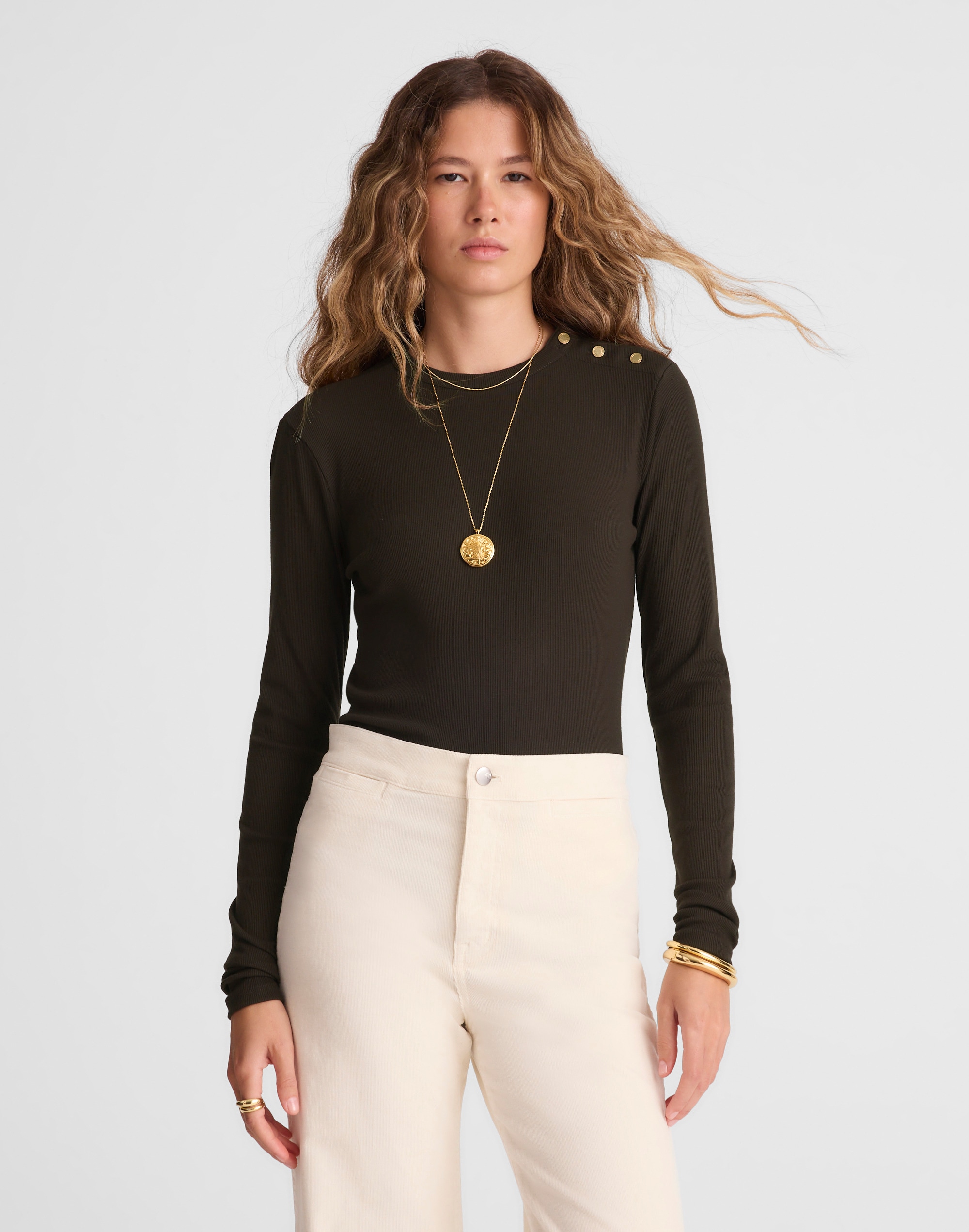 Ribbed Button Crewneck Tee