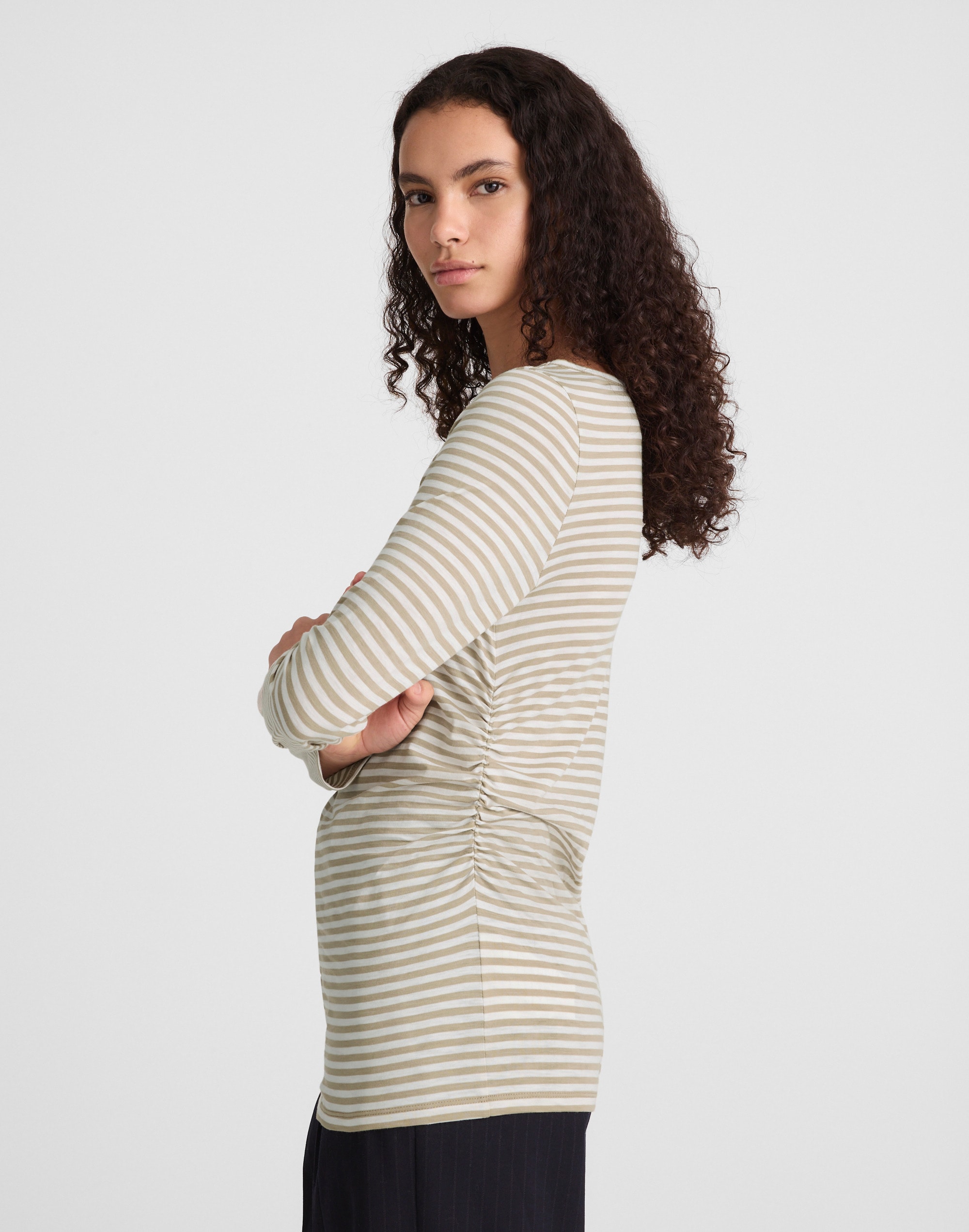 Striped Ruched Crewneck Long-Sleeve Tee in Soft Slub Alternate Image 3