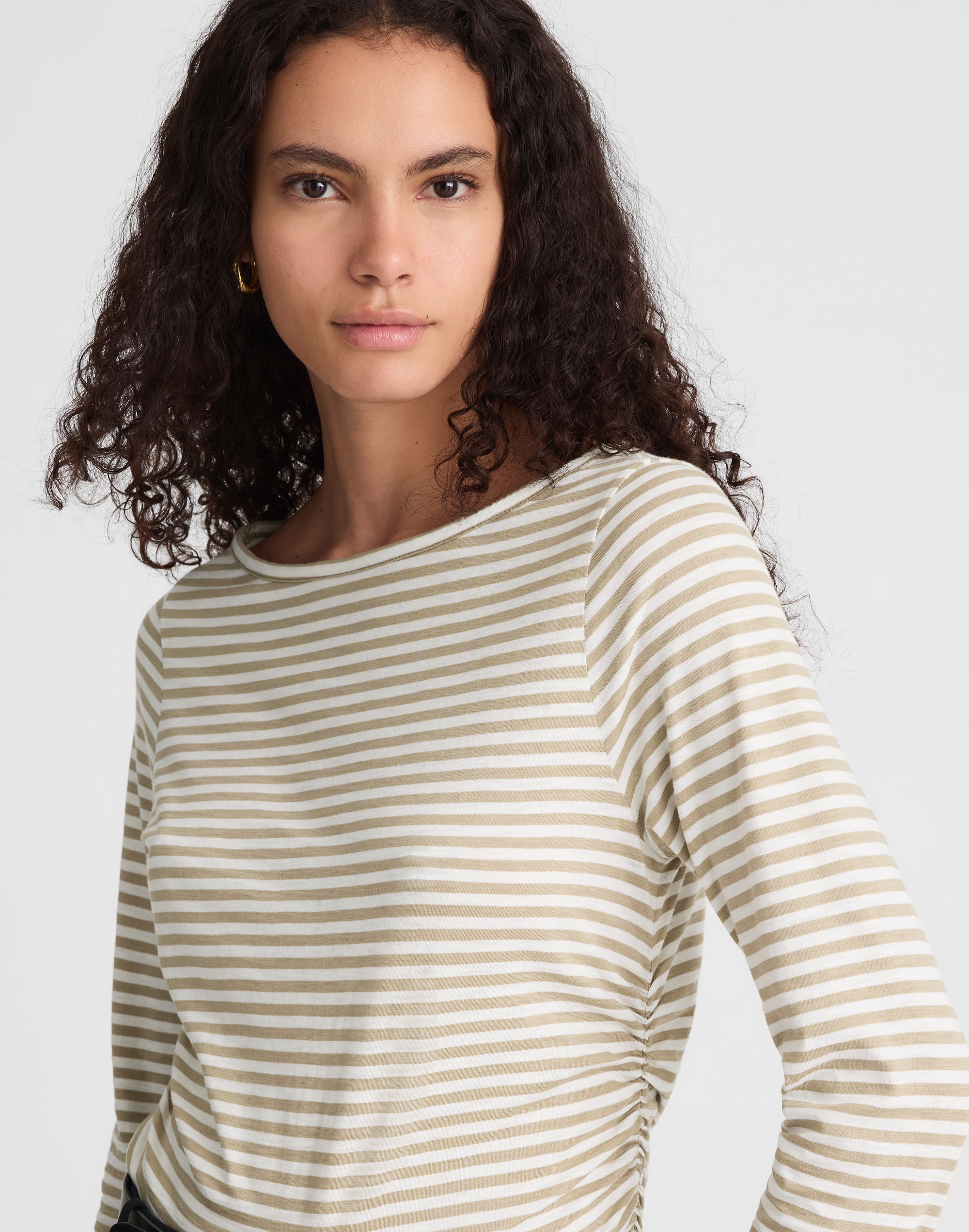 Striped Ruched Crewneck Long-Sleeve Tee in Soft Slub Alternate Image 5