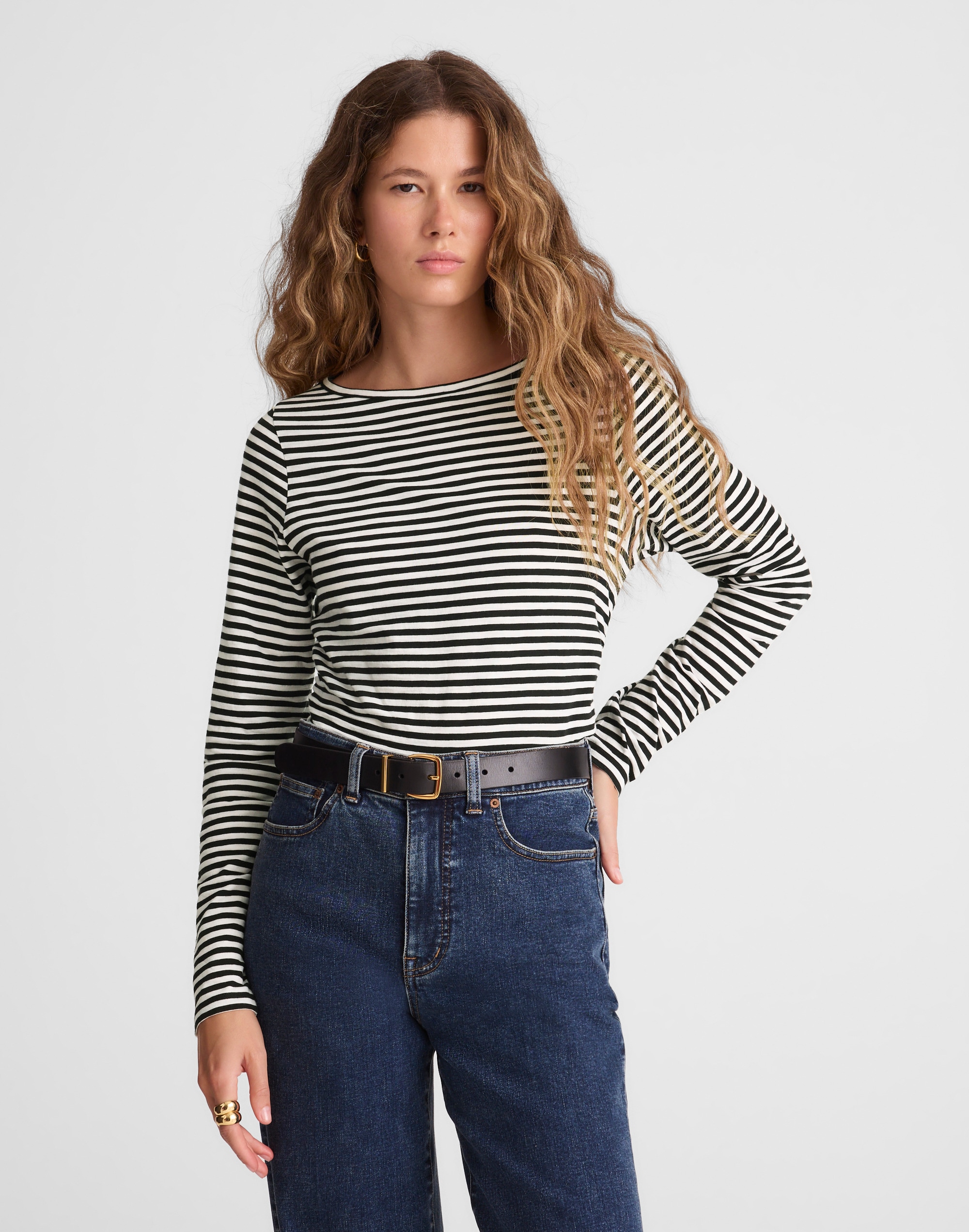 Ruched Crewneck Long-Sleeve Tee in Soft Slub