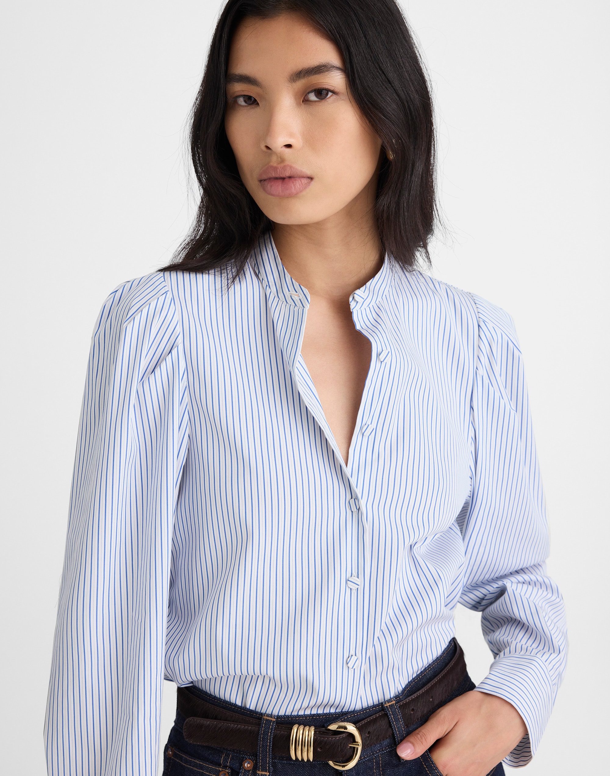 puff-sleeve button-up shirt in poplin