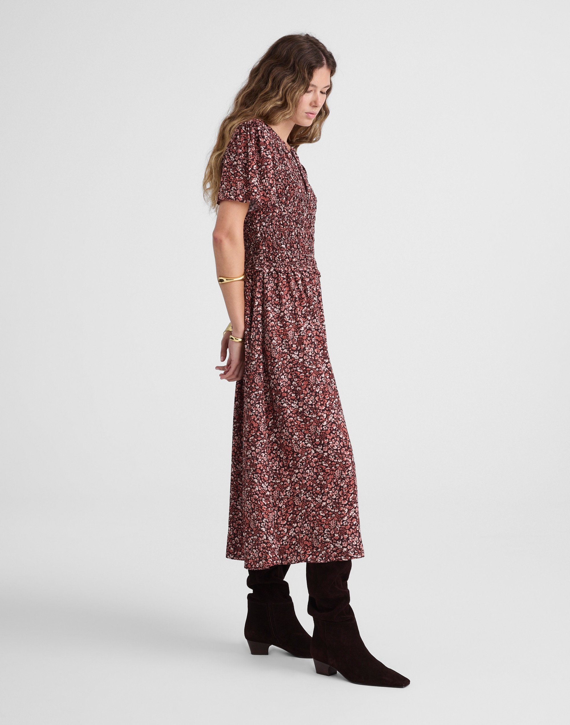 Zip-Front Flutter-Sleeve Midi Dress in Floral