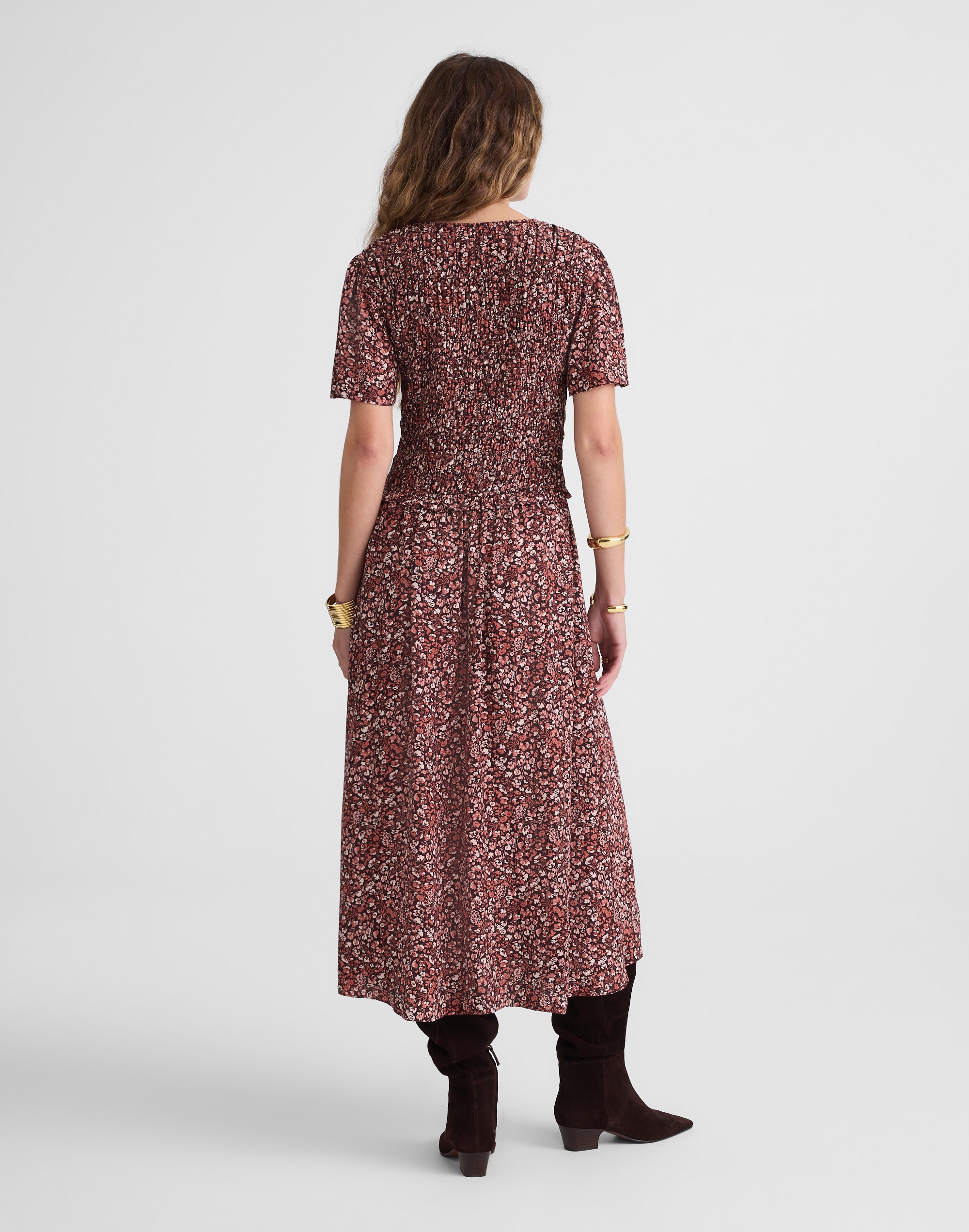 Zip-Front Flutter-Sleeve Midi Dress in Floral