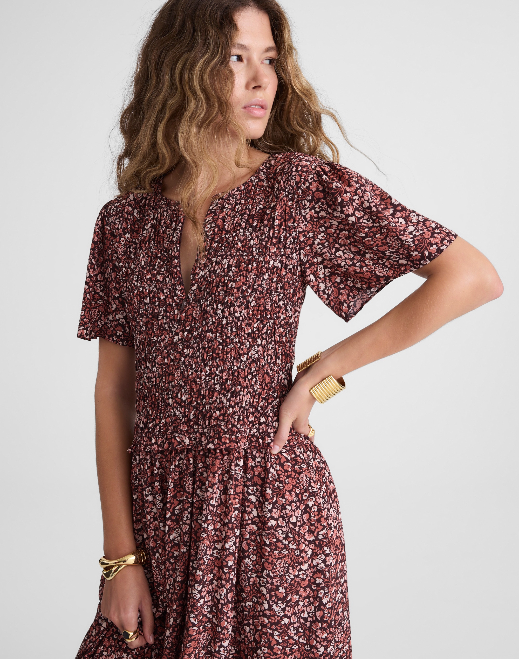 Zip-Front Flutter-Sleeve Midi Dress in Floral