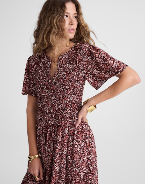 flutter sleeve midi dress V-Neck Smocked Waist Sky Blue V-Neck Flutter Sleeve