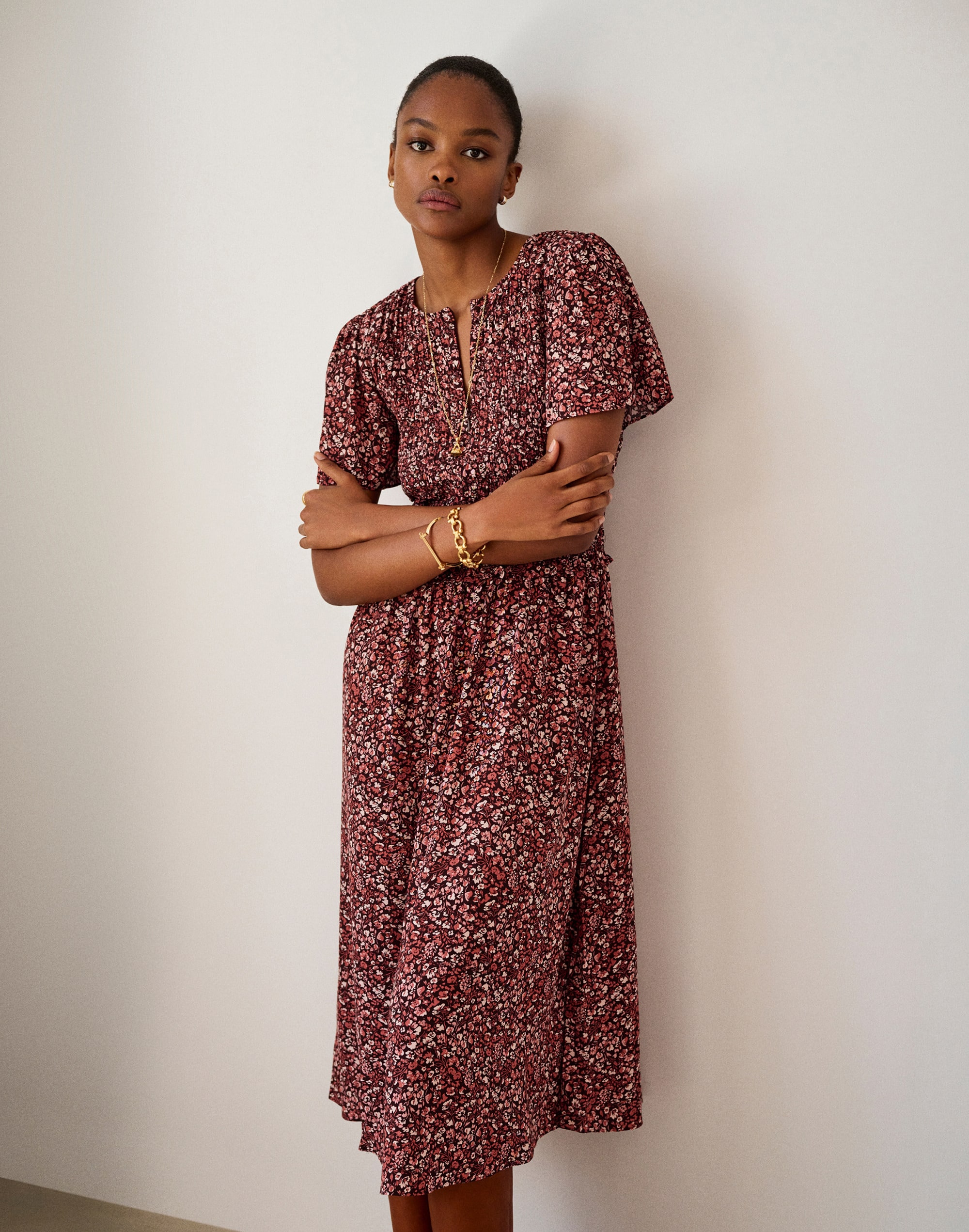 Zip-Front Flutter-Sleeve Midi Dress in Floral