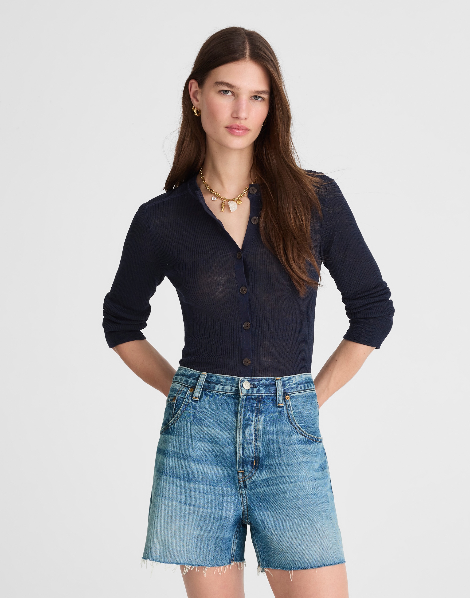 Pleated Low-Slung Shorts in Airy Denim