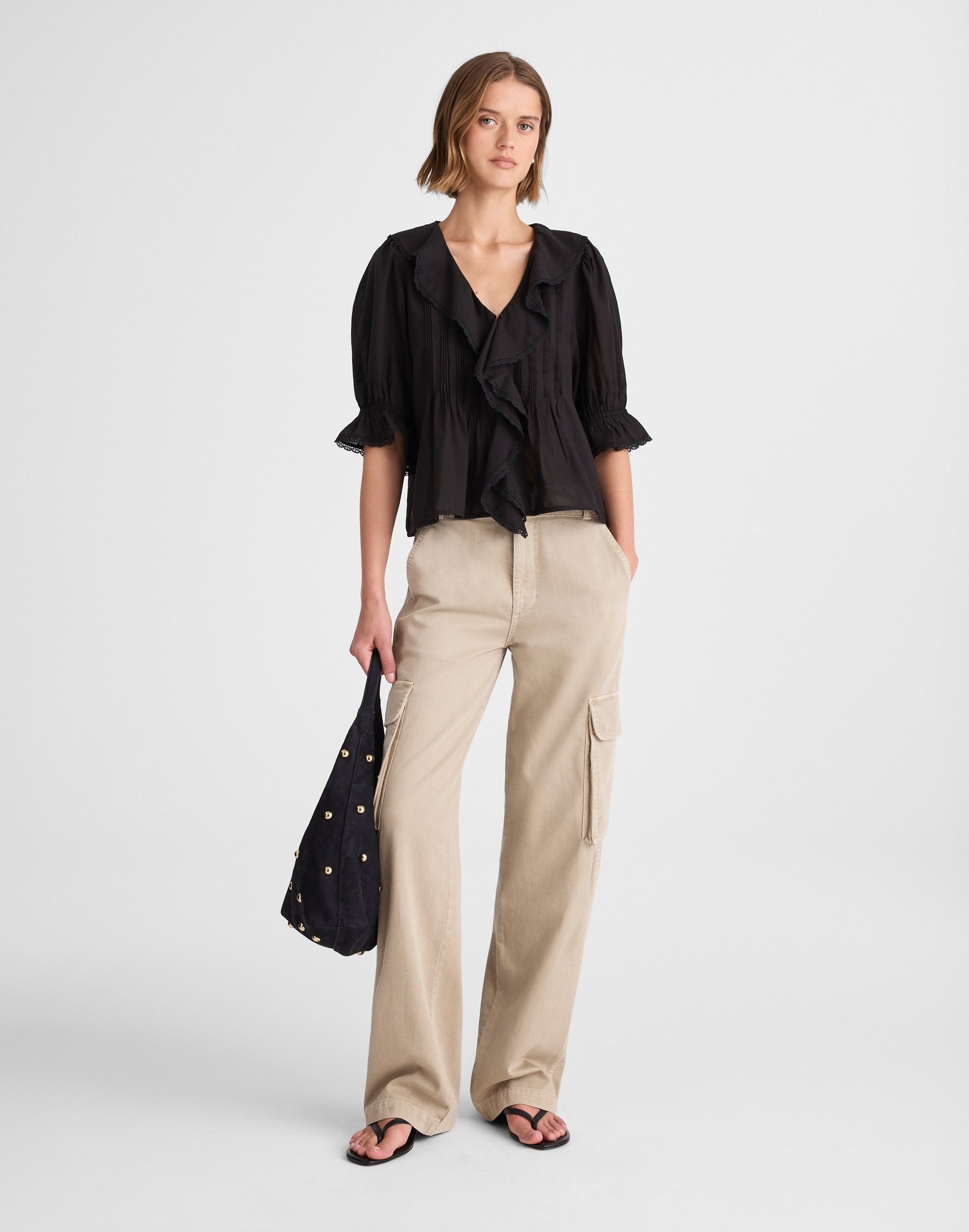 Pintucked Ruffled Puff-Sleeve Top