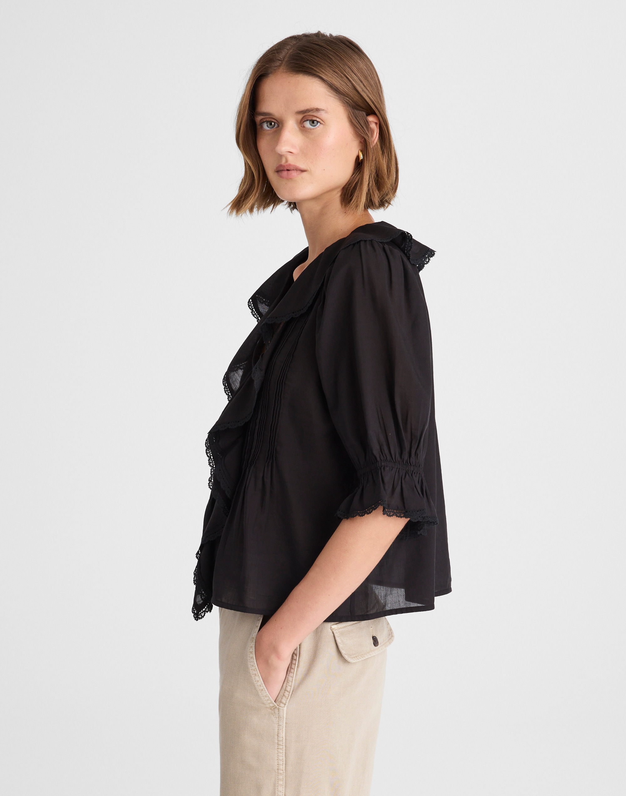 Pintucked Ruffled Puff-Sleeve Top