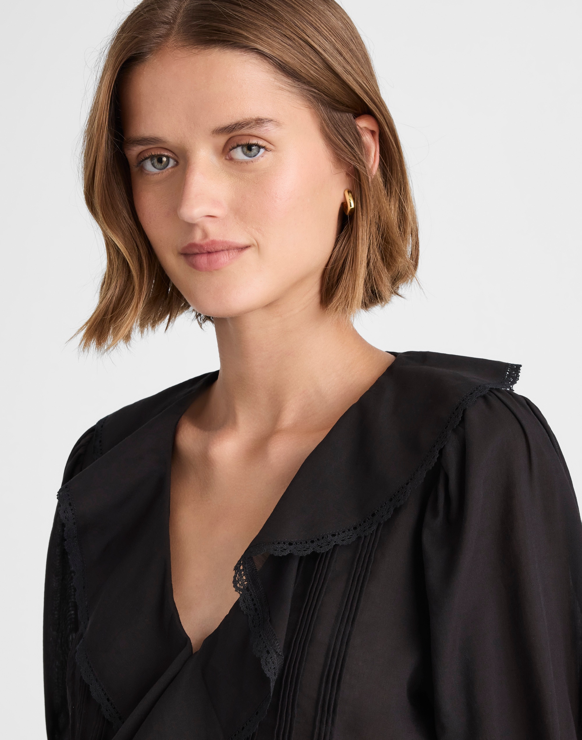 Pintucked Ruffled Puff-Sleeve Top