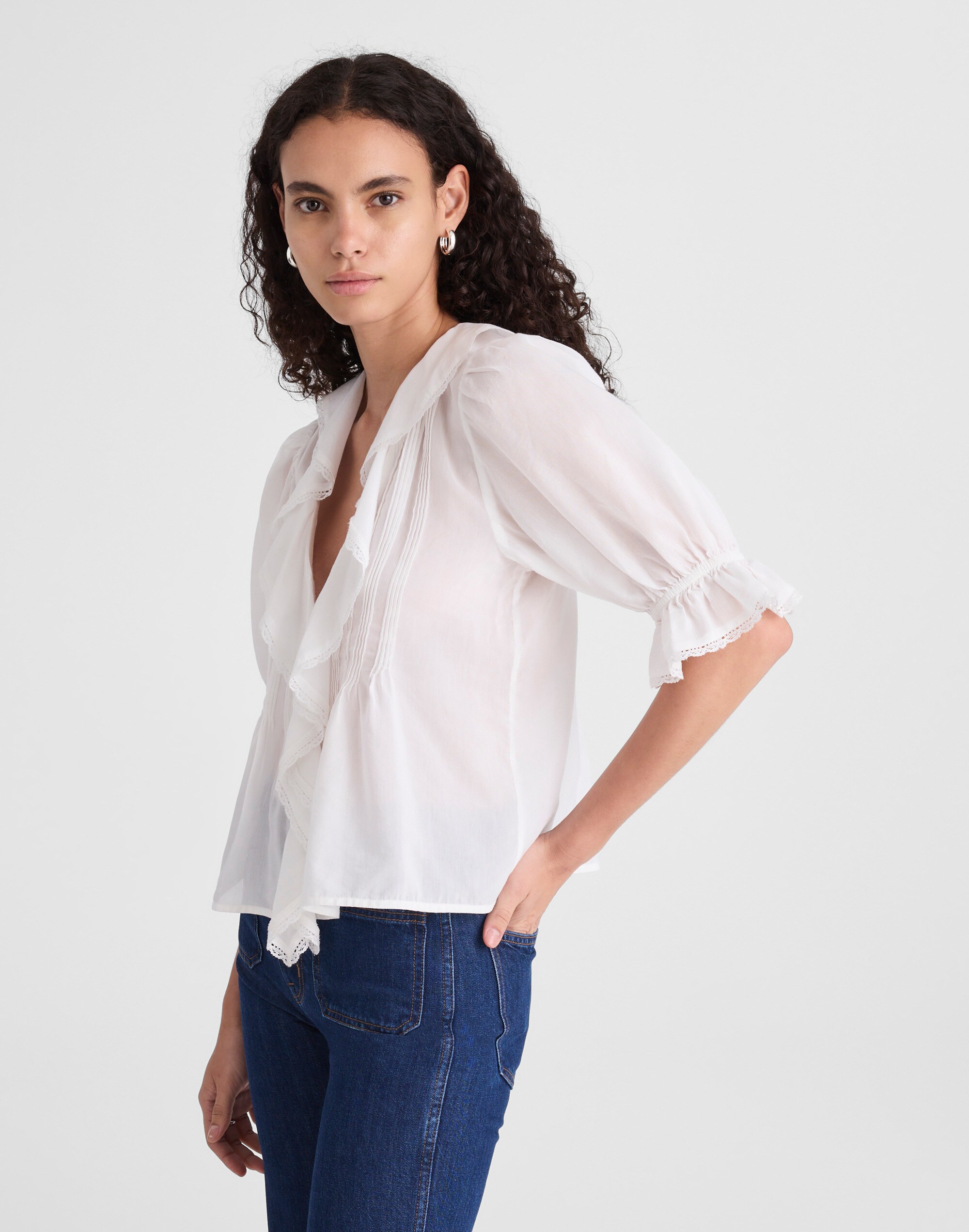 Pintucked Ruffled Puff-Sleeve Top