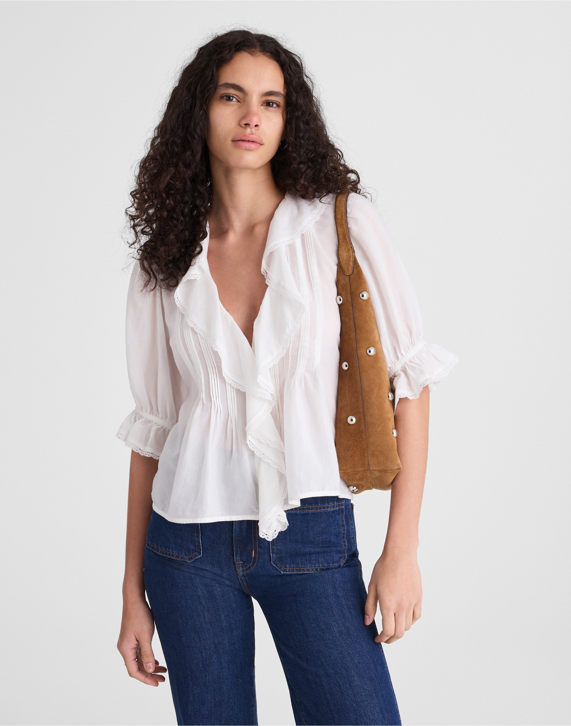 Pintucked Ruffled Puff-Sleeve Top