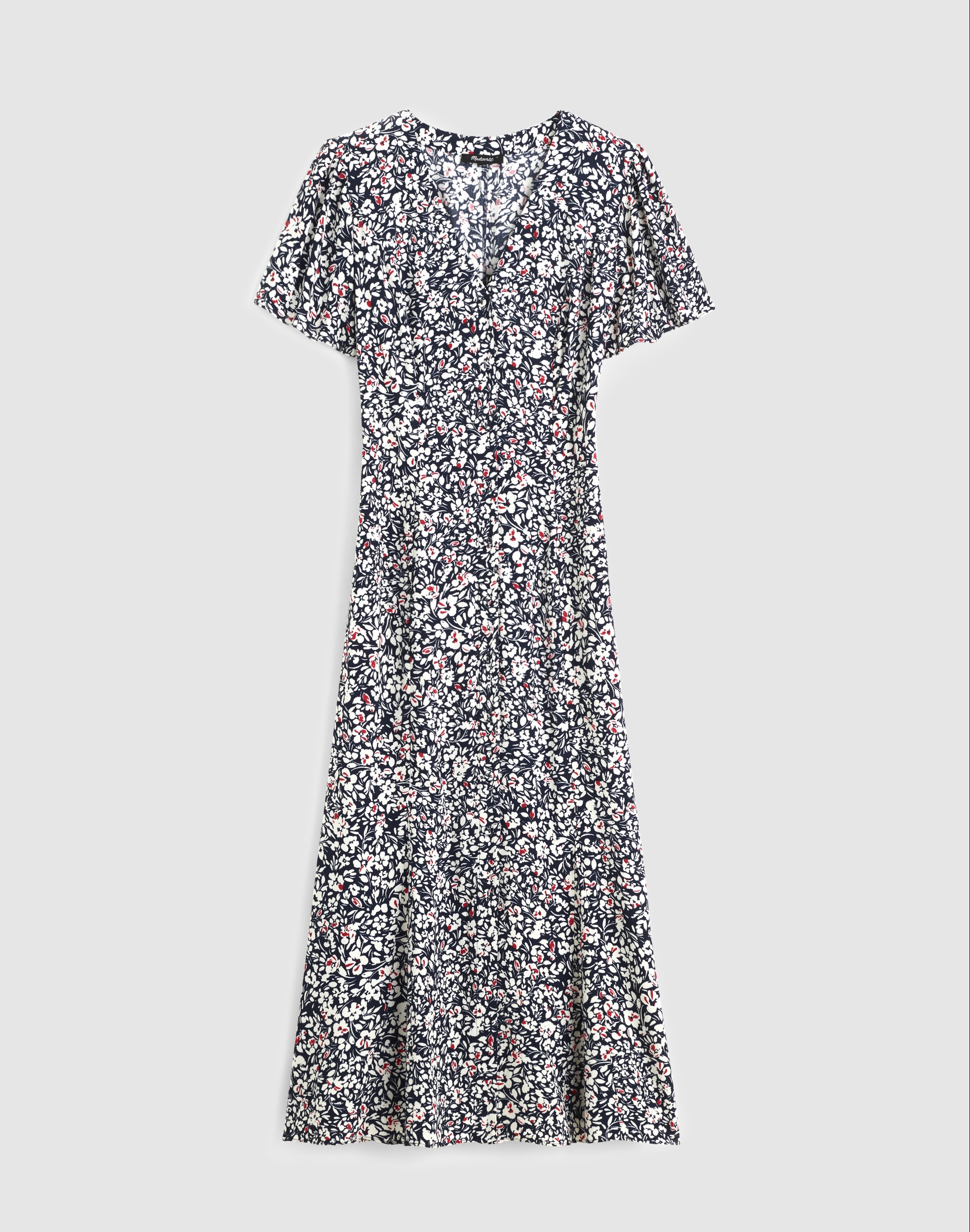 Button-Front Flutter-Sleeve Midi Dress in Floral