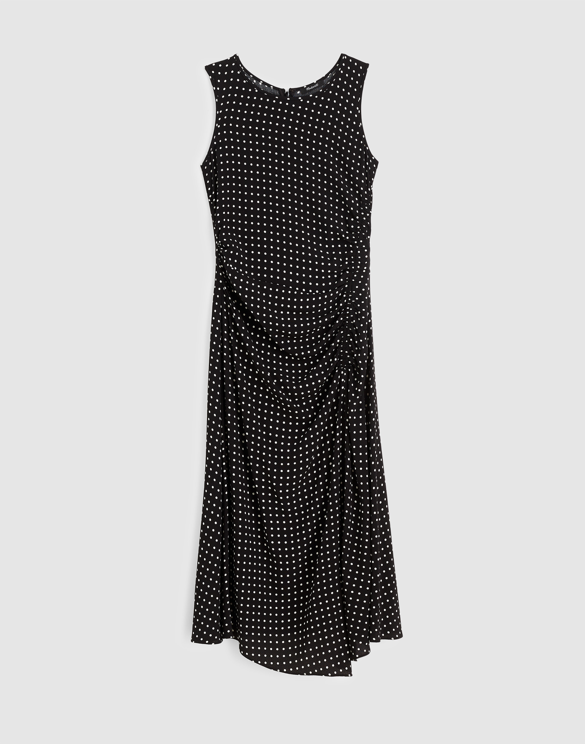 Asymmetrical Ruched Midi Dress in Dot