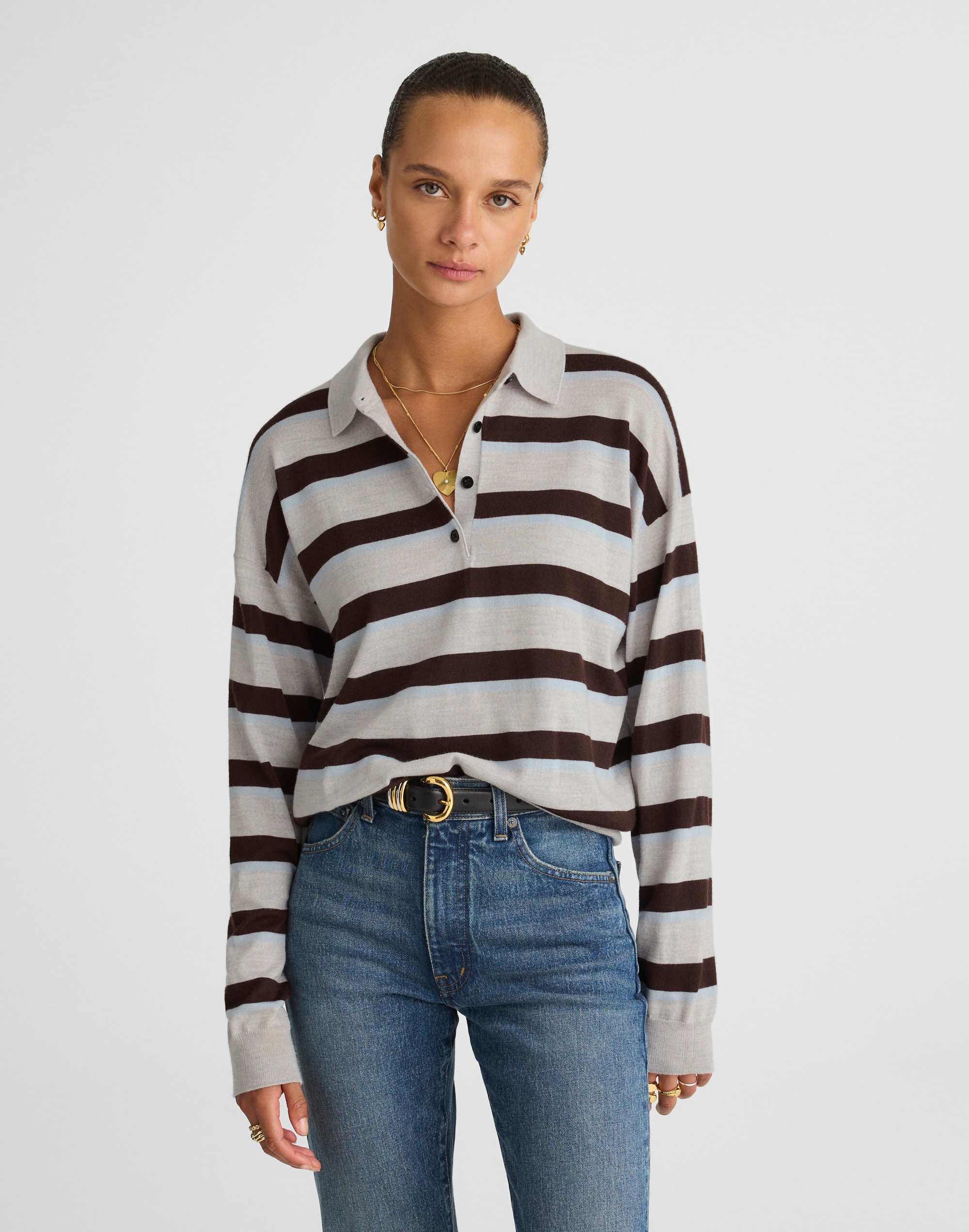 Striped Polo Sweater in 100% Merino Wool