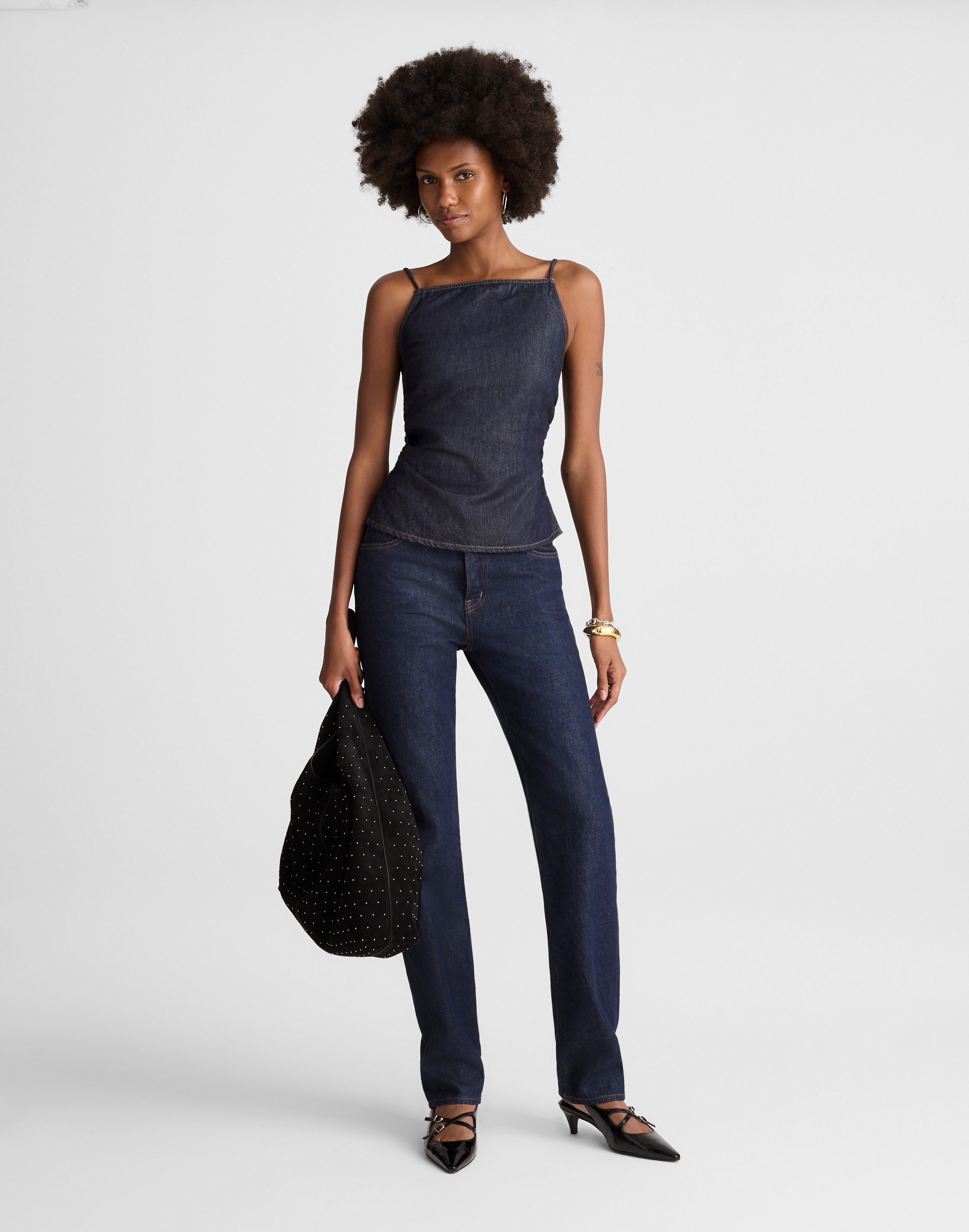 Airy Denim Ruched Squareneck Tank Rinse Wash