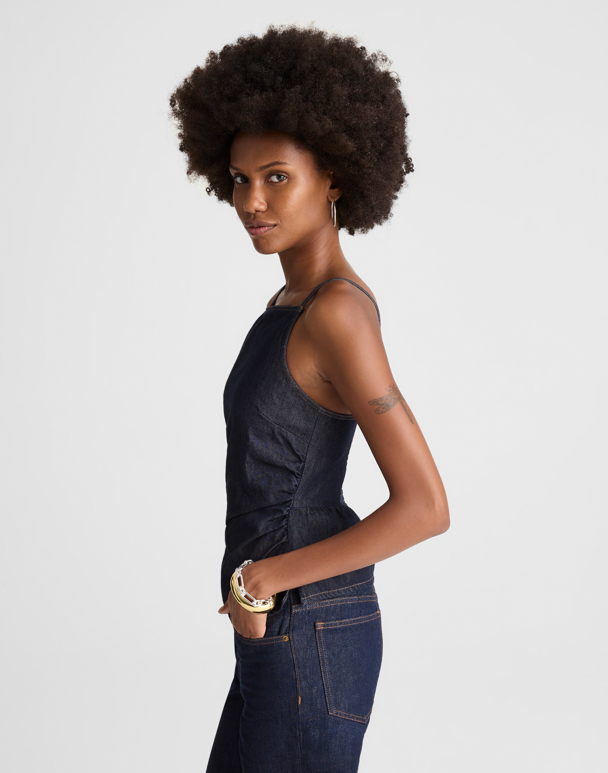 Airy Denim Ruched Squareneck Tank Rinse Wash